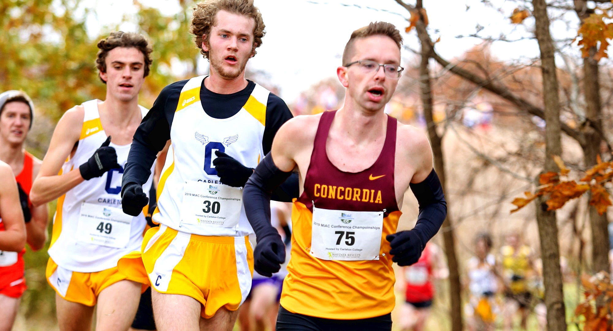 Senior Eric Wicklund races in the early stages of the MIAC Championship Meet. He went on to earn All-MIAC Honorable Mention honors. (Photo courtesy of Nathan Lodermeier)