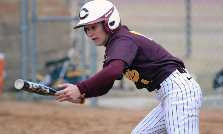 Cobber junior Mackenzie Jensen tries to put the bunt down in the second game of the Cobbers' DH with Carleton.