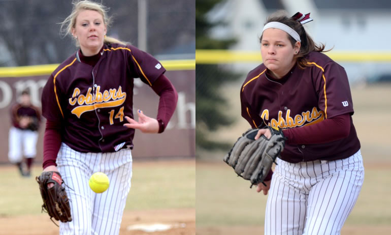 Pitchers Hillary Rotunda (L) and Abigail Haraldson allowed only six runs and 10 hits in the Cobbers' DH at St. Olaf.