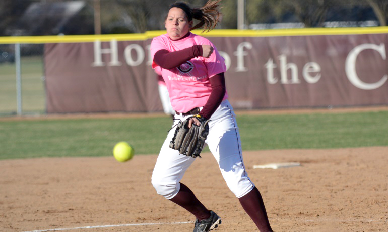 Sophomore Abigail Haraldson pitched a four-hit shutout in the Cobbers' split at St. Mary's.