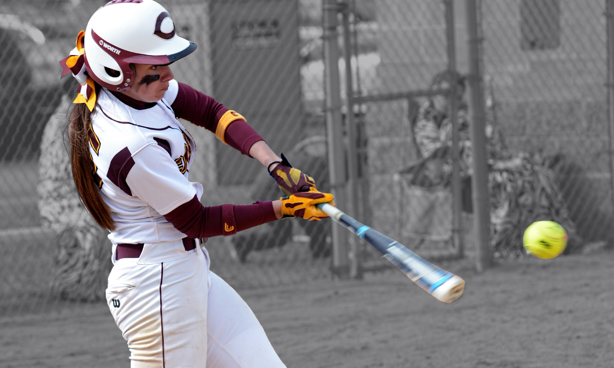 Sophomore Mackenzie McCloud connects on one of her three hits in the Cobbers' sweep over Minn.-Morris. McCloud is hitting .450 in the team's eight-game win streak.