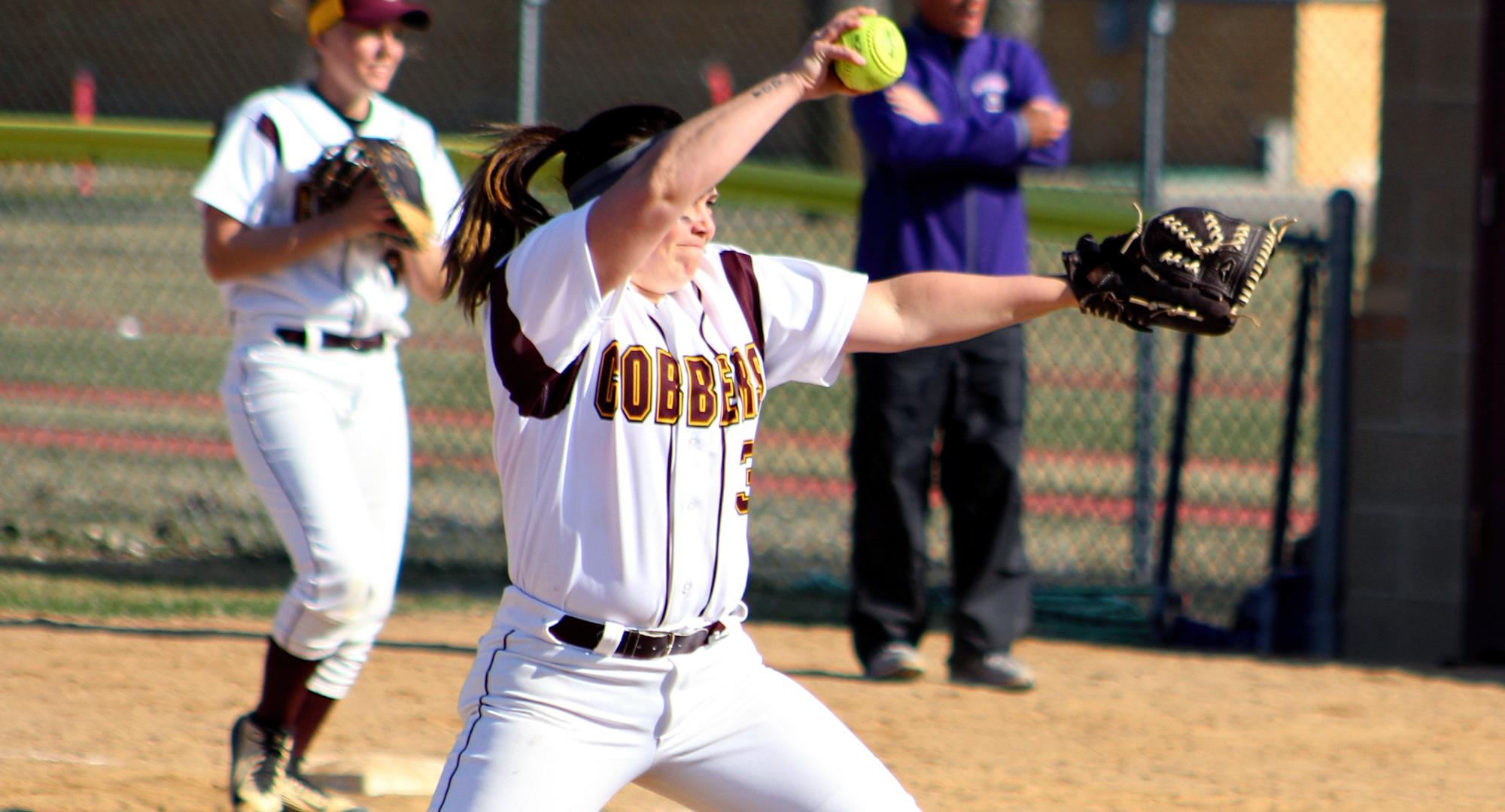Sophomore Lexi Olek gets ready to throw a pitch in the first game of the Cobbers' DH with St. Thomas. She pitched 3.0 scoreless innings in her first college pitching experience of her career.