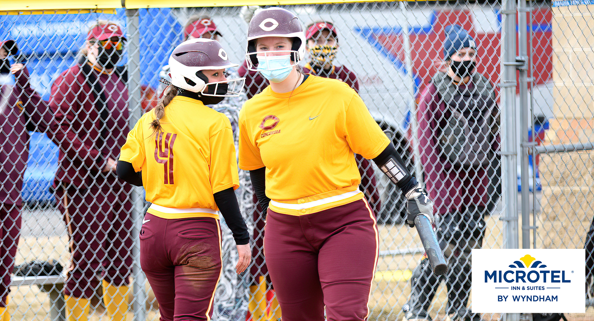 Senior Taylor Erholtz hit a home run in both games of the Cobbers' DH at previously nationally ranked St. Olaf.