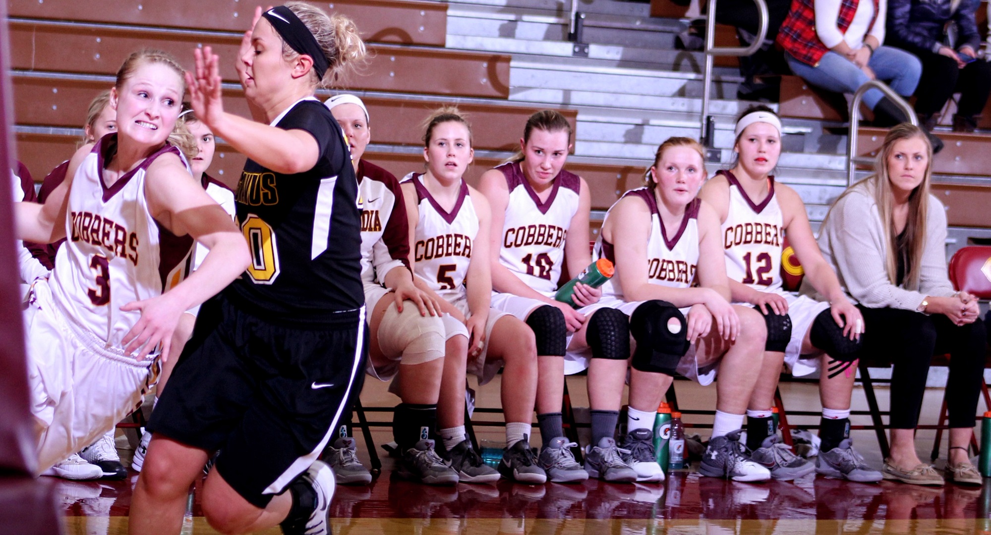 The Concordia bench watches senior Greta Walsh drive to the basket during the Cobbers' near upset over No.19-ranked Gustavus.