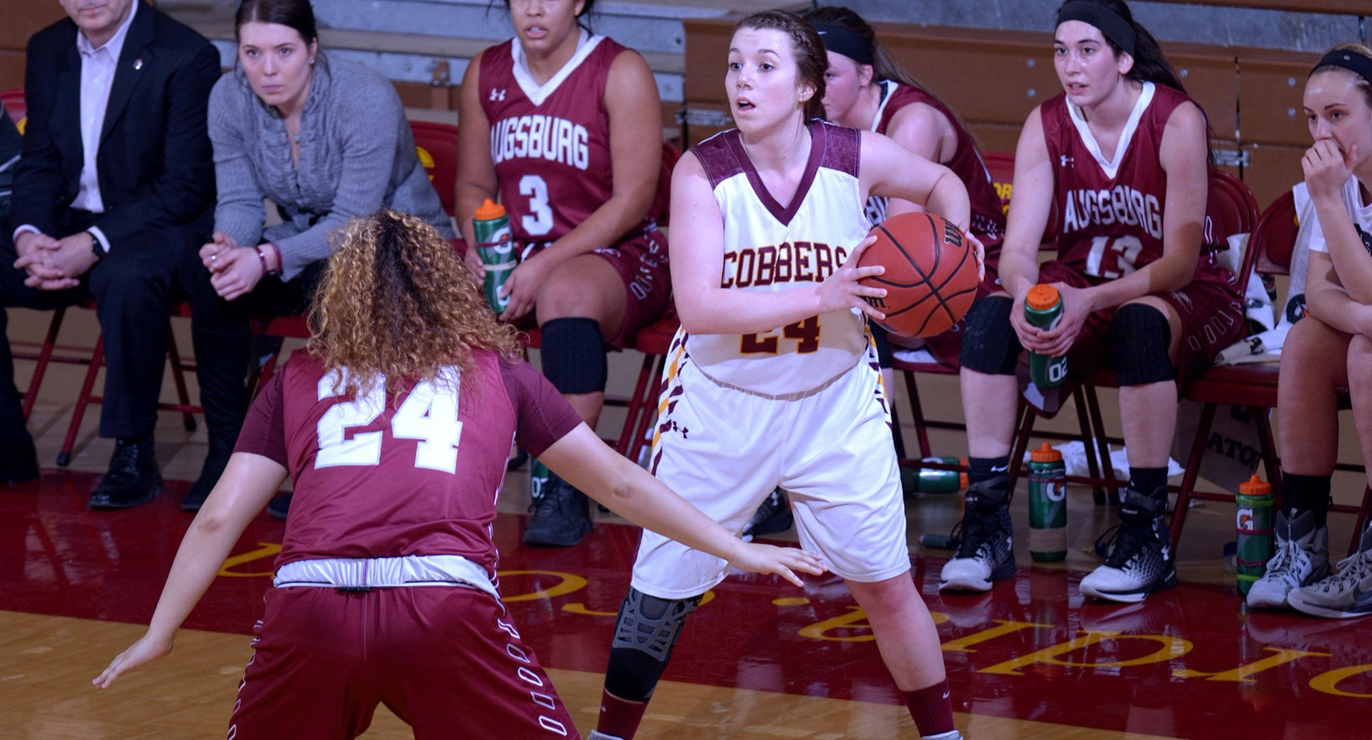 Junior Casidy Rahman looks to make a pass inside during the Cobbers' game with Augsburg. She finished with 11 points, five rebounds and two steals.