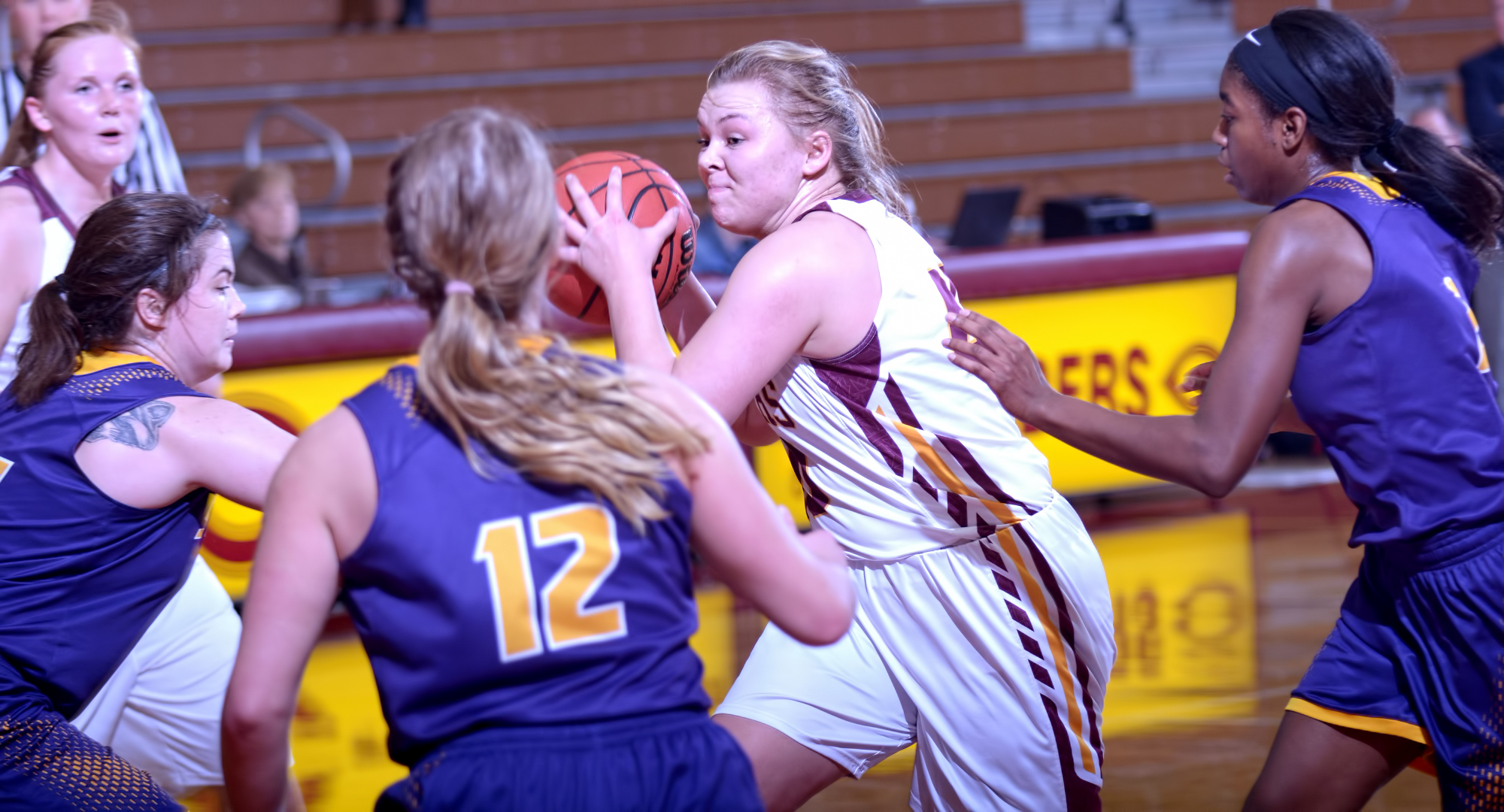 Sophomore Mira Ellefson drives to the basket for a clutch basket in the fourth quarter of the Cobbers' win over St. Catherine.