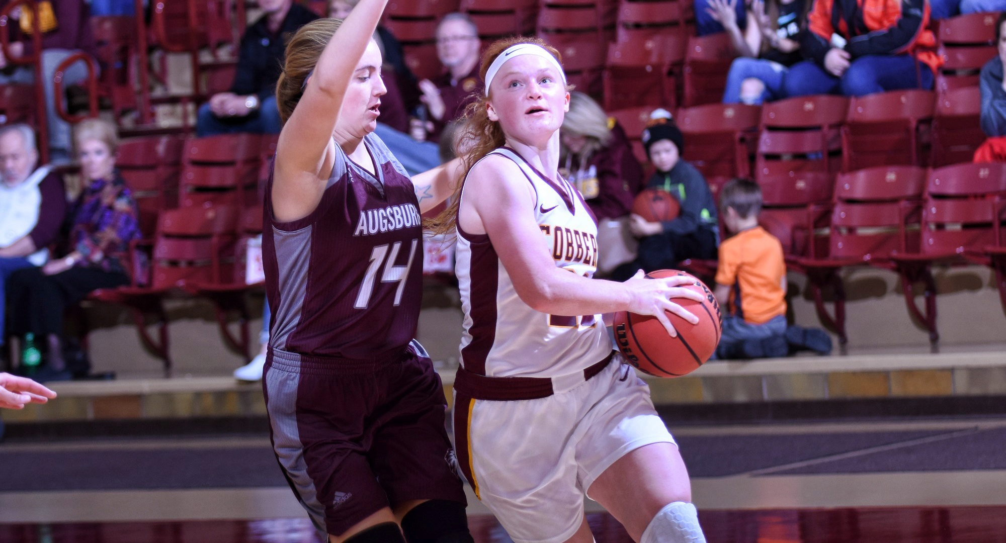Junior guard Rachel Hoernemann drives to the basket in the first half of the Cobbers' MIAC opener against Augsburg. She had a team-high four assists.