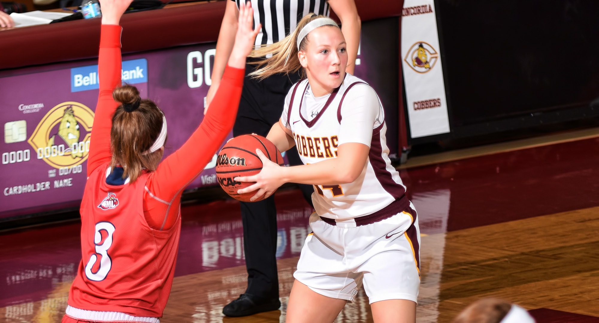Sophomore Taviahna Tanin looks to make a pass in the first half of the Cobbers' win over St. Mary's. She gave CC a huge spark by putting up career-high numbers in points and rebounds.