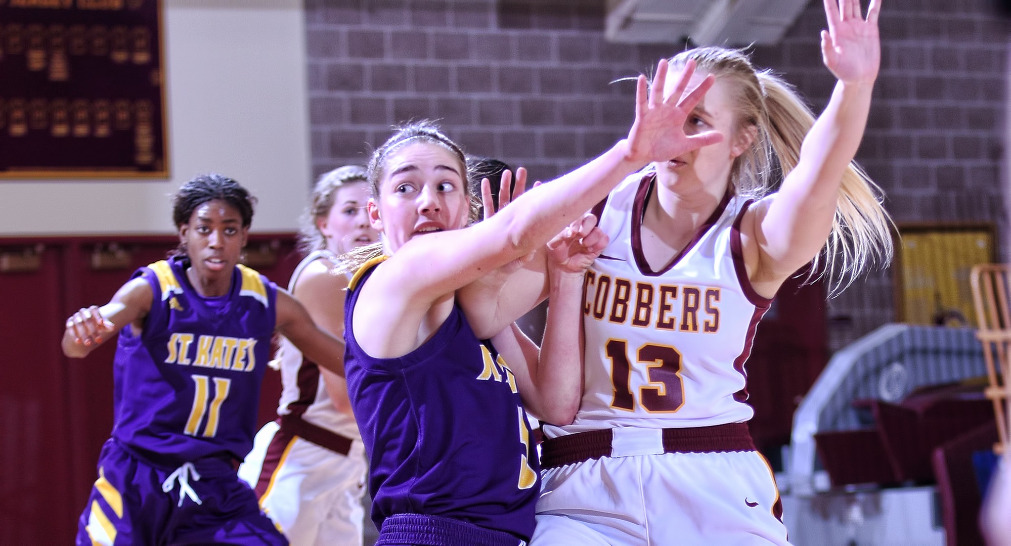 Sophomore Bailee Larson fights for position during the first half of the Cobbers epic four overtime win over St. Catherine.