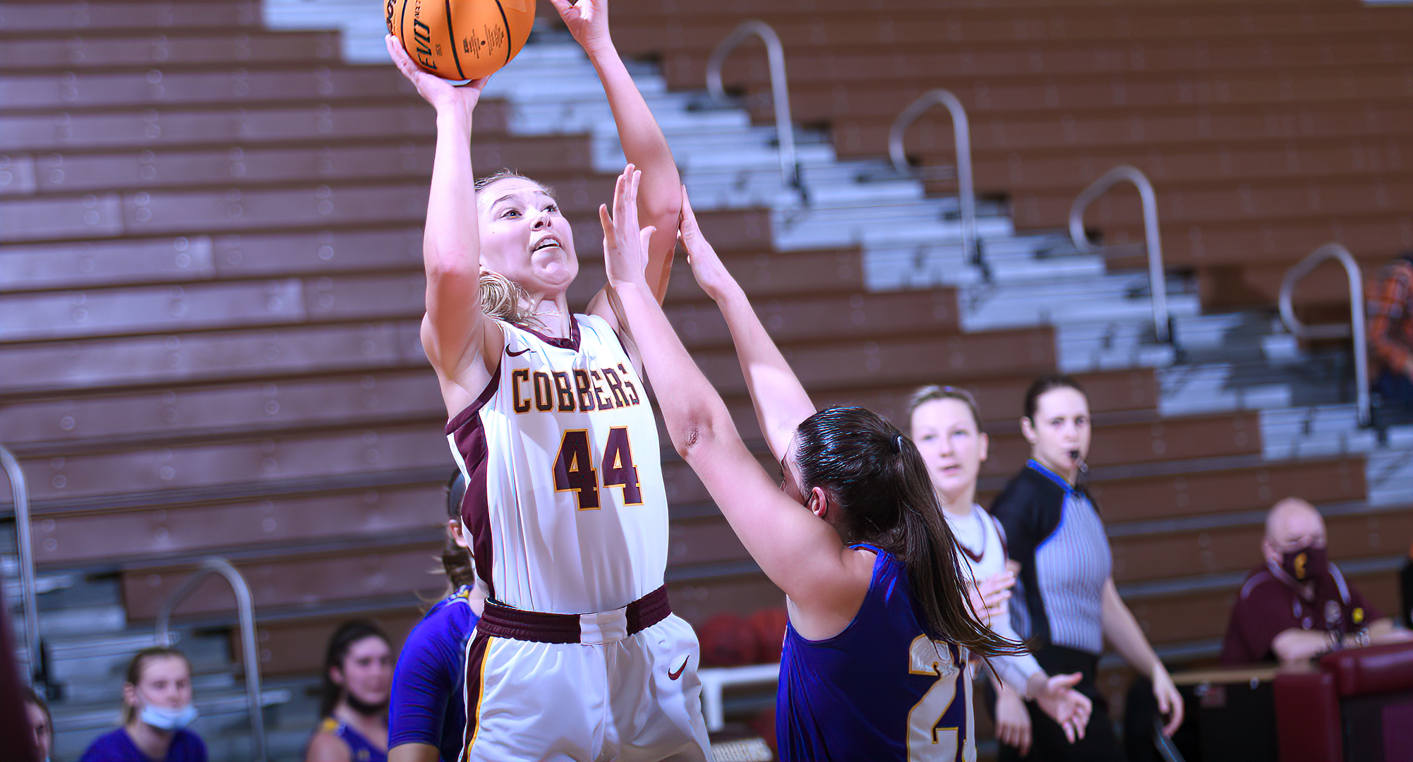 Freshman Symone Beld goes up for a shot on her way to a game-high 16 points in the Cobbers' 76-47 win against St. Scholastica.