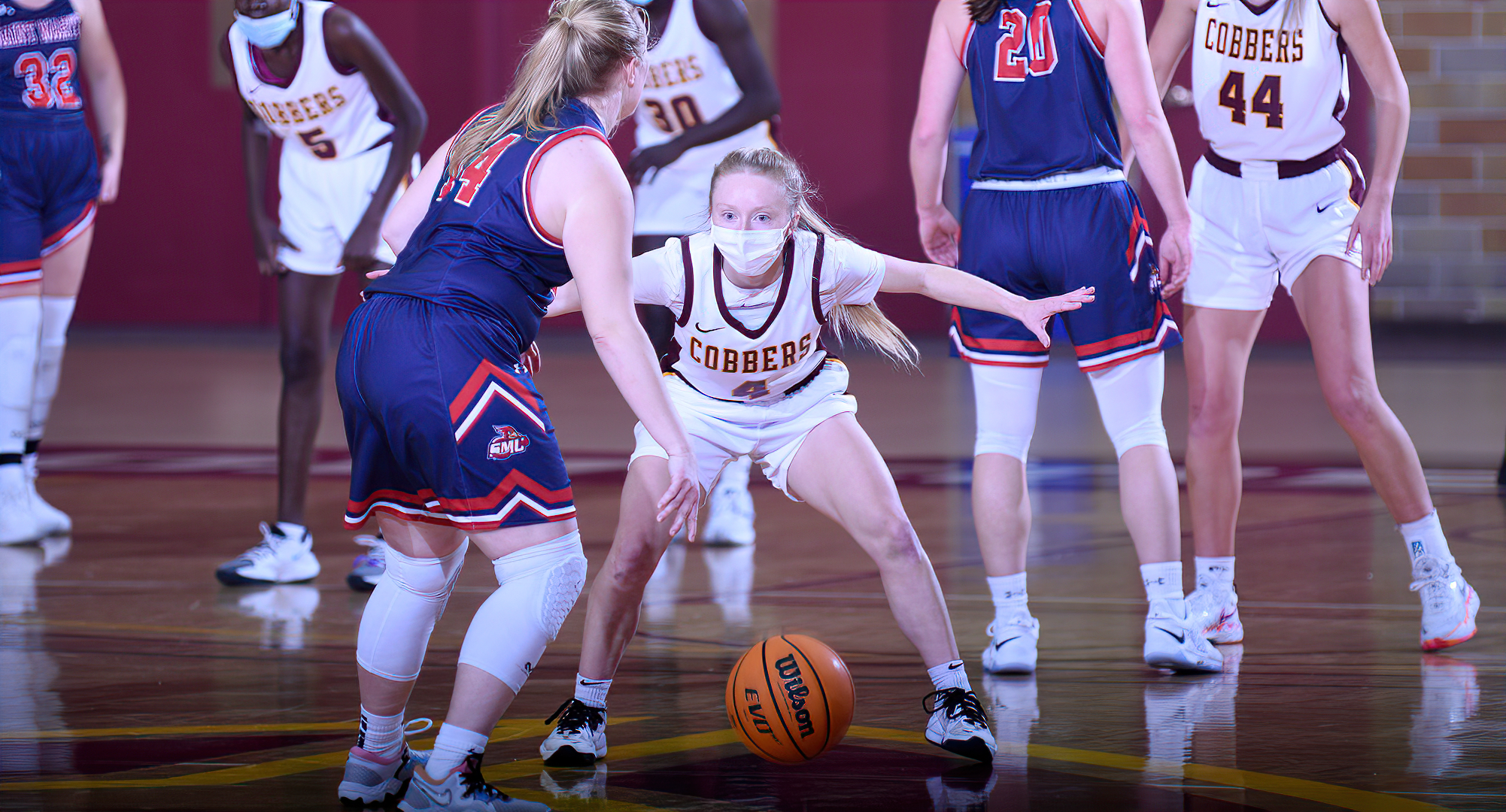 Maddie Guler turns up the pressure on defense during the Cobbers' win over St. Mary's. Guler helped CC force a season-high 25 turnovers.