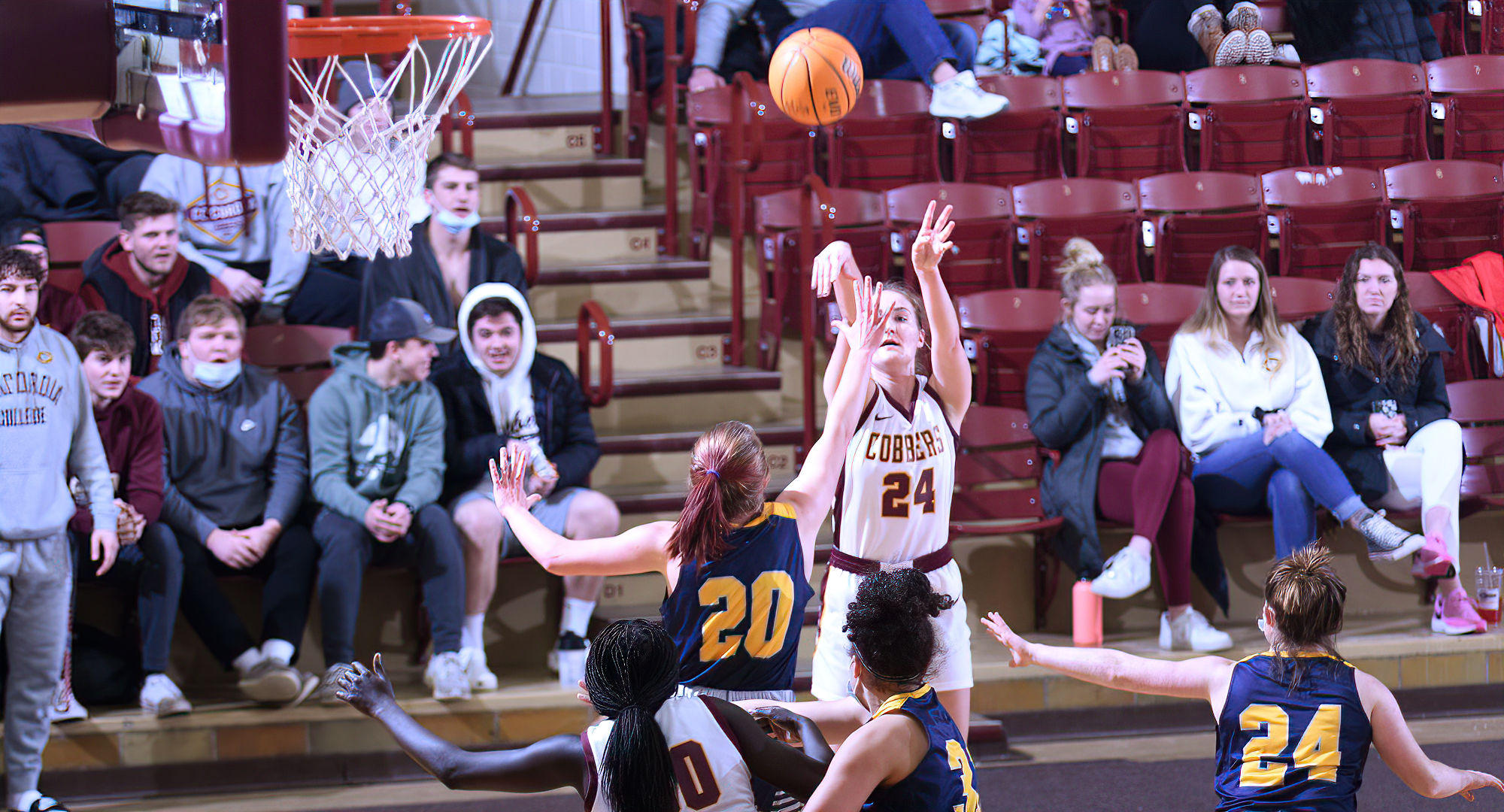 Jordyn Kahler releases one of her four made 3-pointers in the second half of the Cobbers' win over Carleton. She finished with a team-high 17 points.
