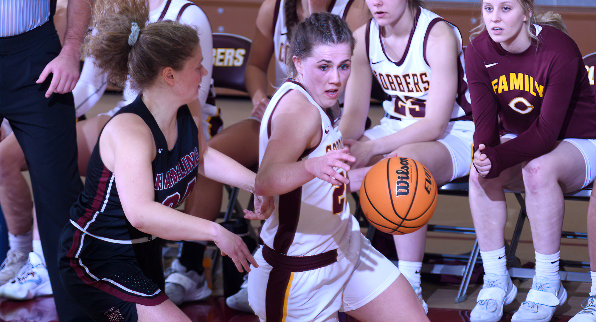 Junior Emily Beseman drives to the basket in the second half in the Cobbers' game with Hamline. She led CC in scoring with 18 points.