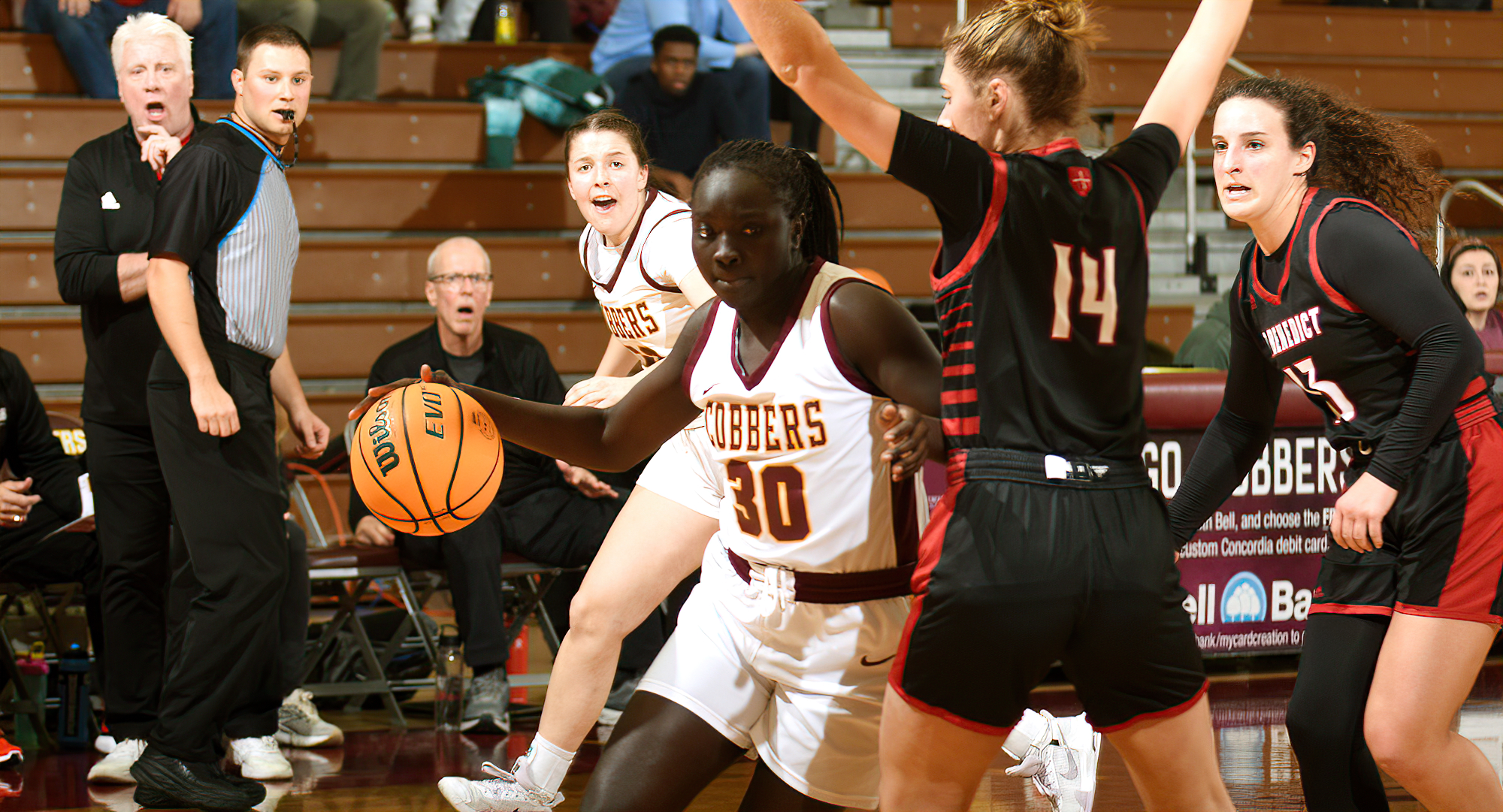 Senior Mary Sem drives to the basket during the first half of the Cobbers' come-from-behind win over St. Benedict.