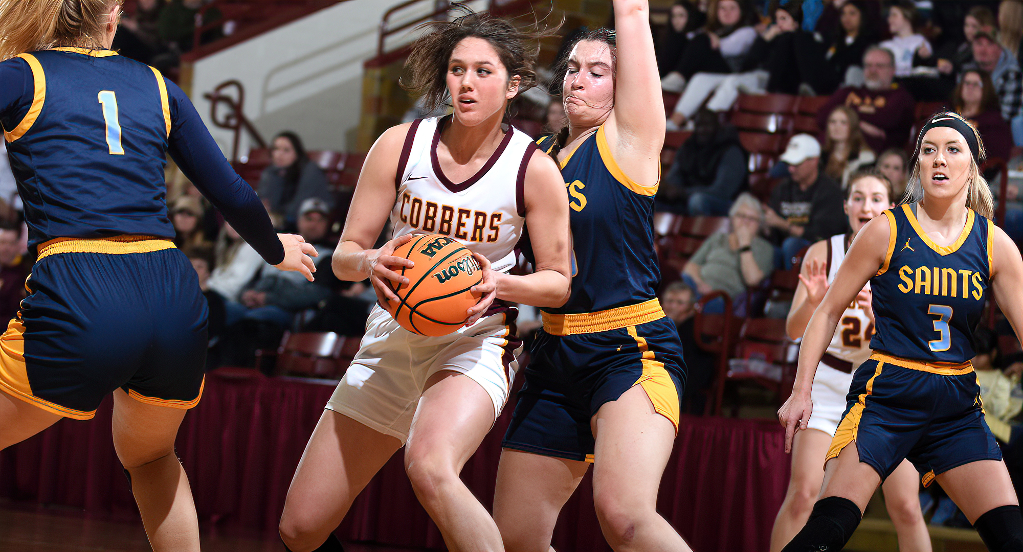 Makayla Anderson gets the ball in the post during the first half of the Cobbers' win over St. Scholastica. Anderson scored a game-high 17 points.