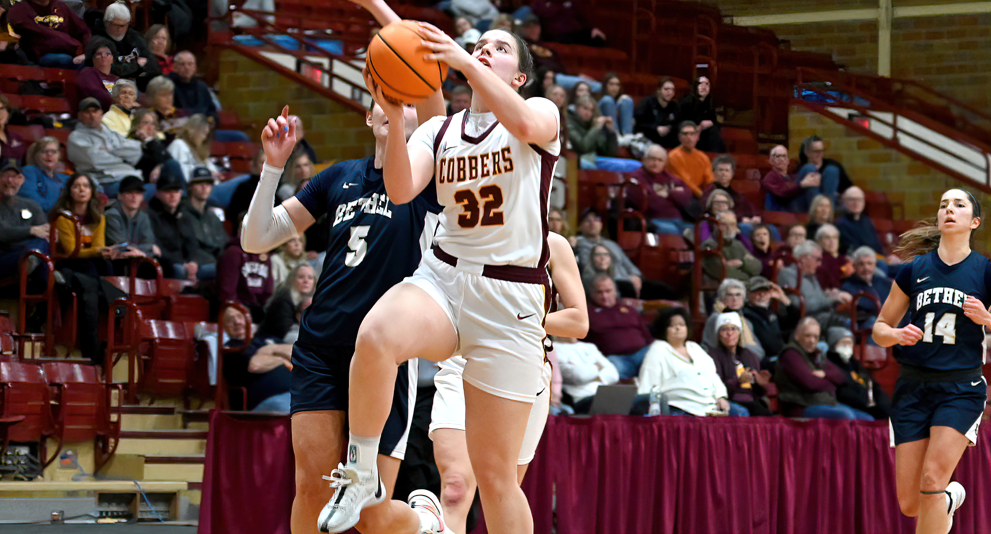 Greta Tollefson goes up for the layup in the second half of the Cobbers' game with Bethel. She finished with 10 points and five rebounds.