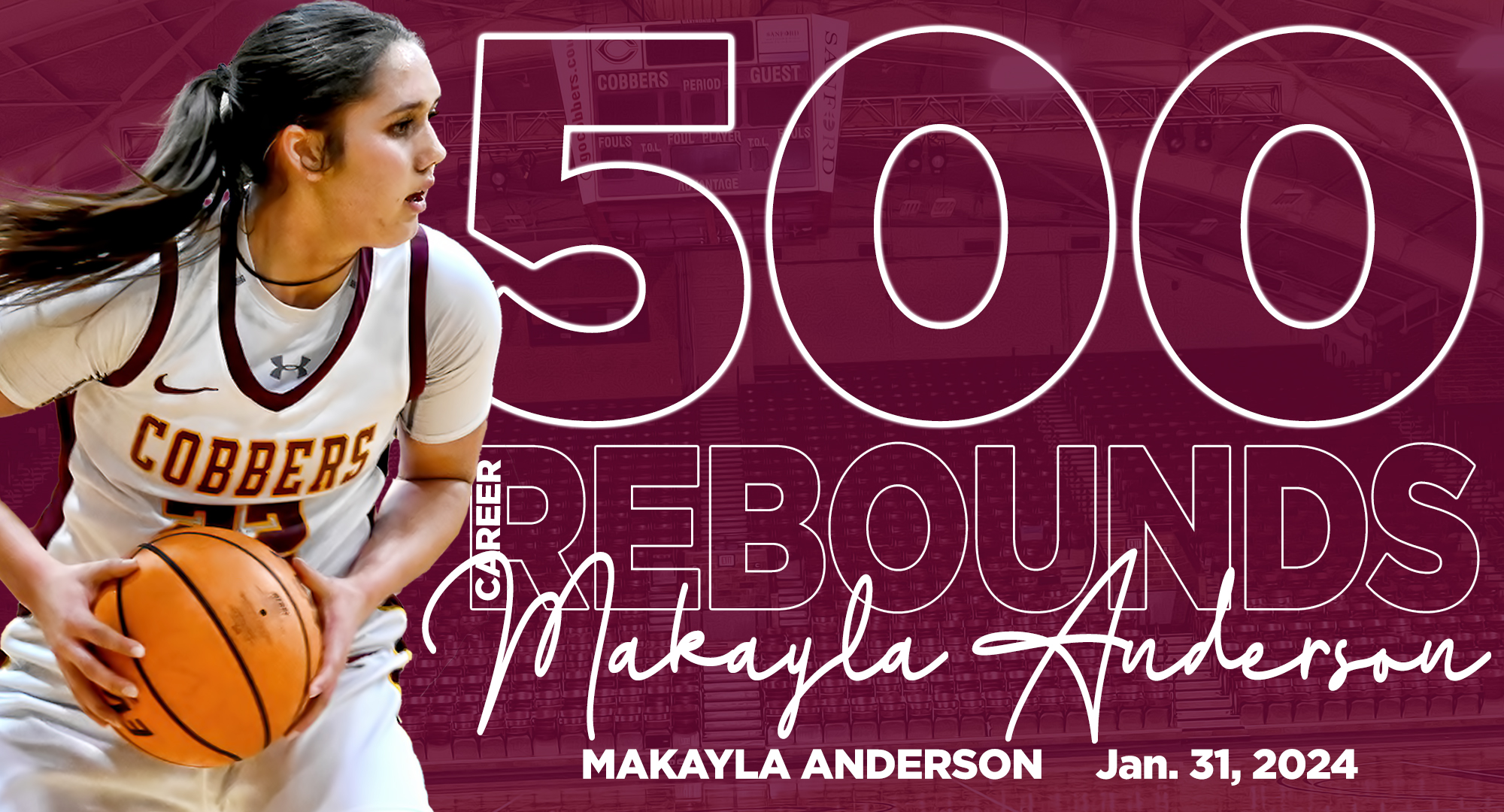 Makayla Anderson became the 20th player in program history to reach the 500 rebound milestone in the Cobbers' game with St. Mary's.