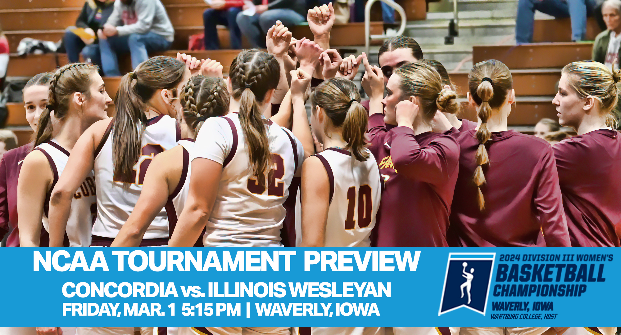 Concordia will face No.20-ranked Illinois Wesleyan in the first round of the NCAA Tournament on Friday, Mar. 1 at 5:15 p.m. at Wartburg College.