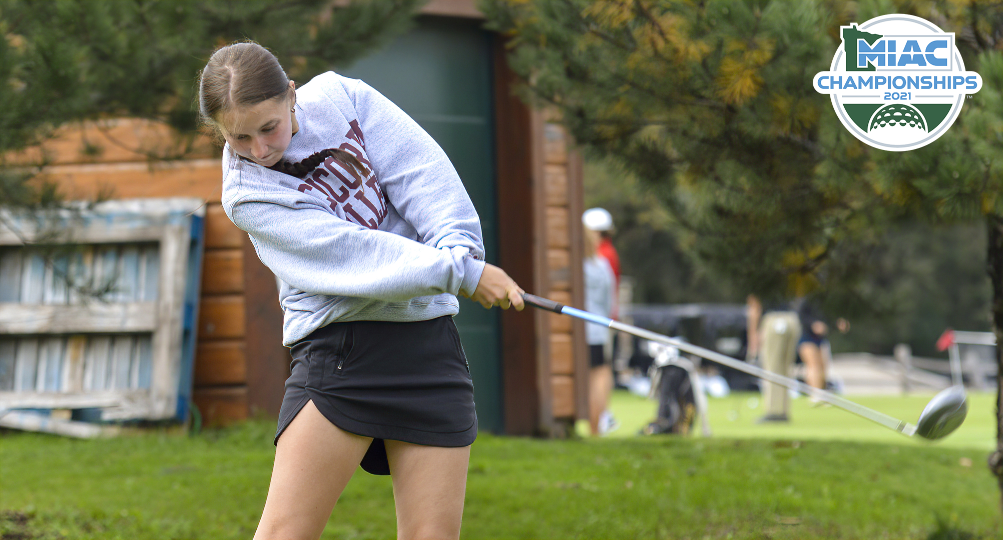 Freshman Joss Leach tees off during the MIAC Championship Meet. She led the Cobbers with a total of 213 & had an eagle on Day 1. (Photo courtesy of MIAC Office)