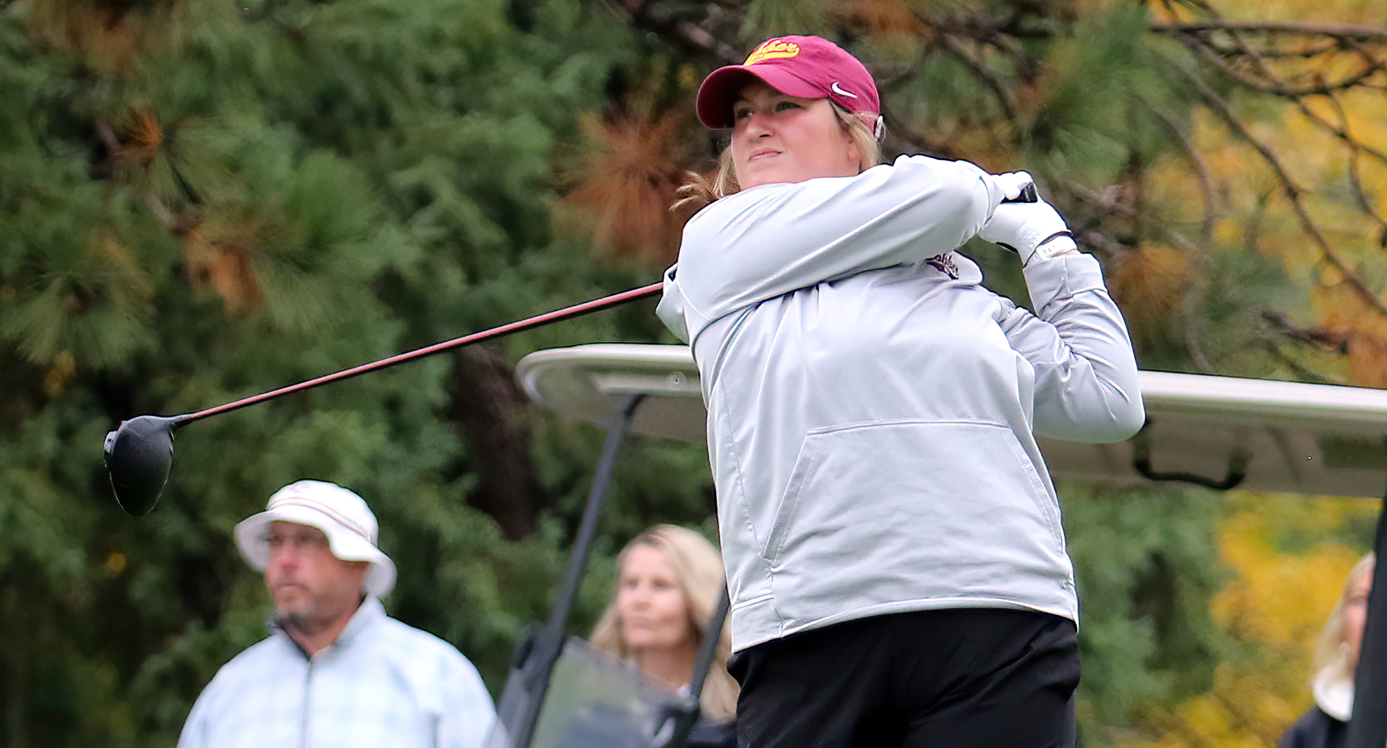 Lillie Kirchner tees off on Day 2 at the St. Kate's Invite. She came away with the best 2-round total of her career. (Pic courtesy of Don Stoner)