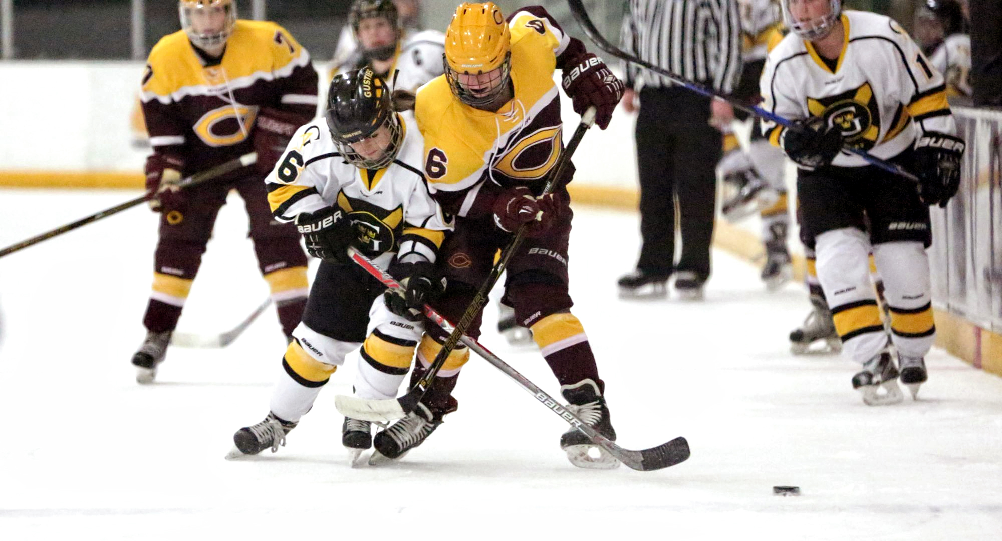 Senior Chelsey Petrich battles with a Gustavus player for the puck during the Cobbers' series opener in St. Peter. (Photo courtesy of Roisen Granlund - Gustavus sports information dept.)