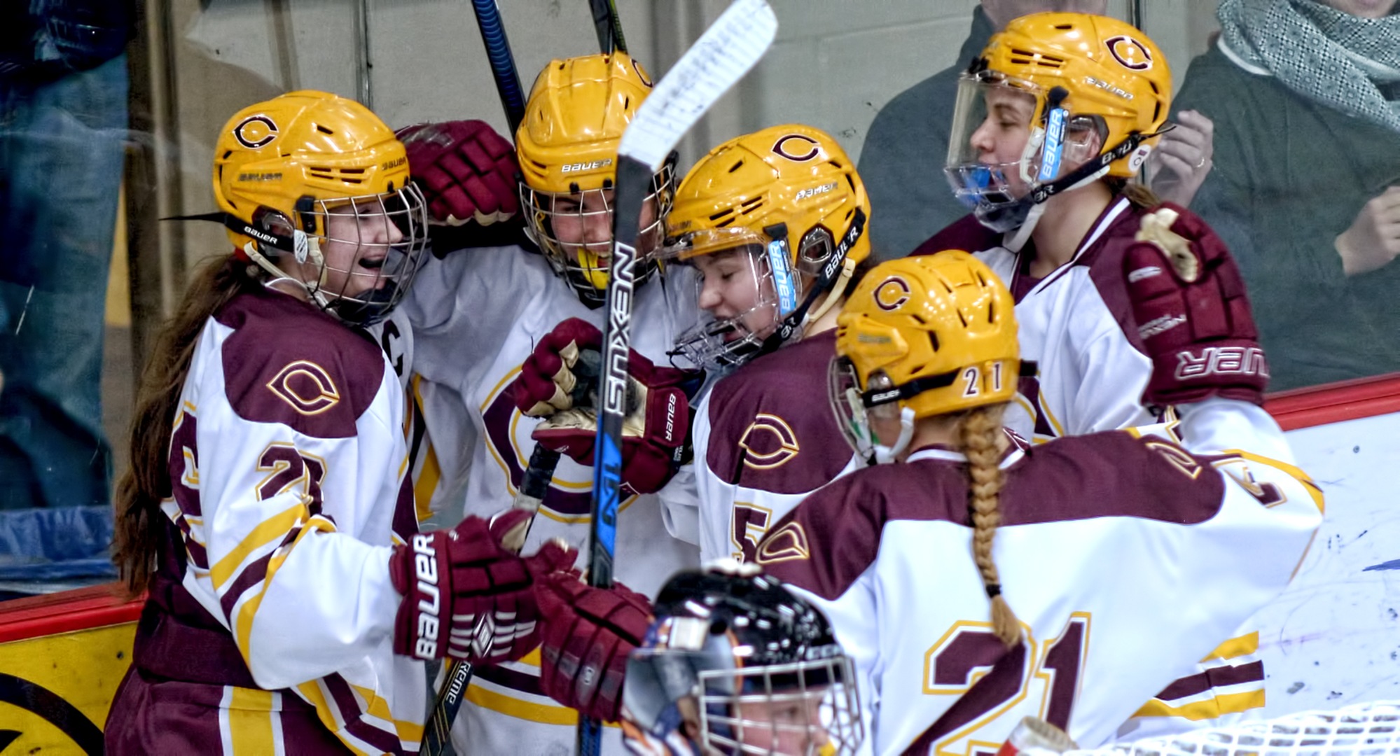 Cobber players congratulate Amanda Flemming on her third goal of the game in Concordia's 5-2 victory over Northland.