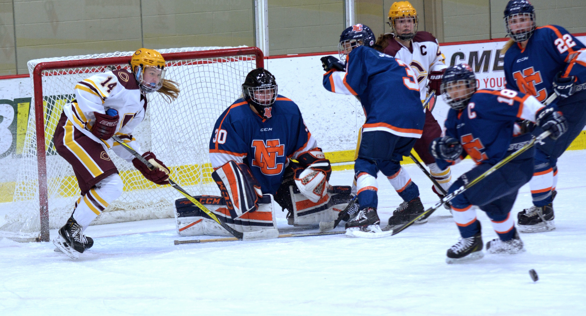 Callie Fagerstrom (#14) and Tori Davis (back right) scored the two goals in the Cobbers' series finale at Bethel.