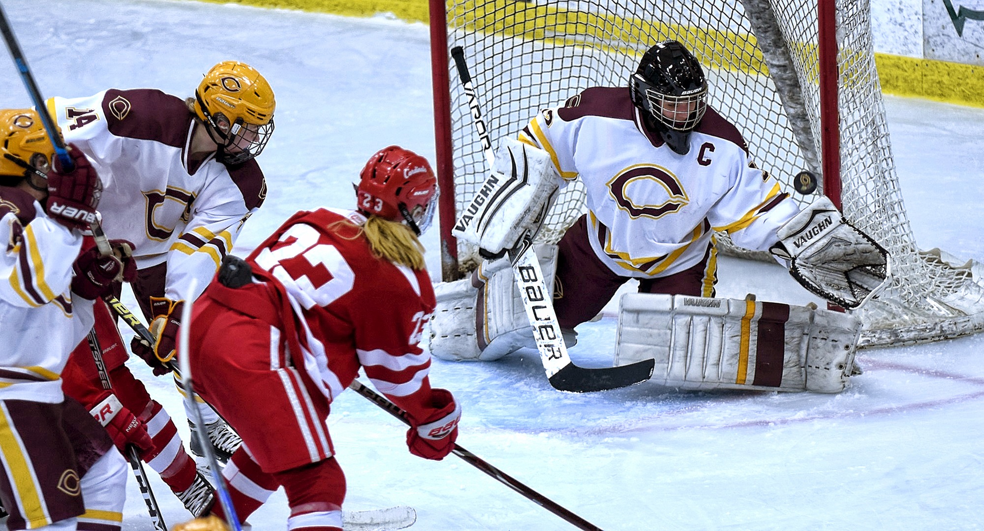 Senior goalie Brittany Boss makes one of her 21 saves in Concordia's 1-1 OT tie with St. Mary's.