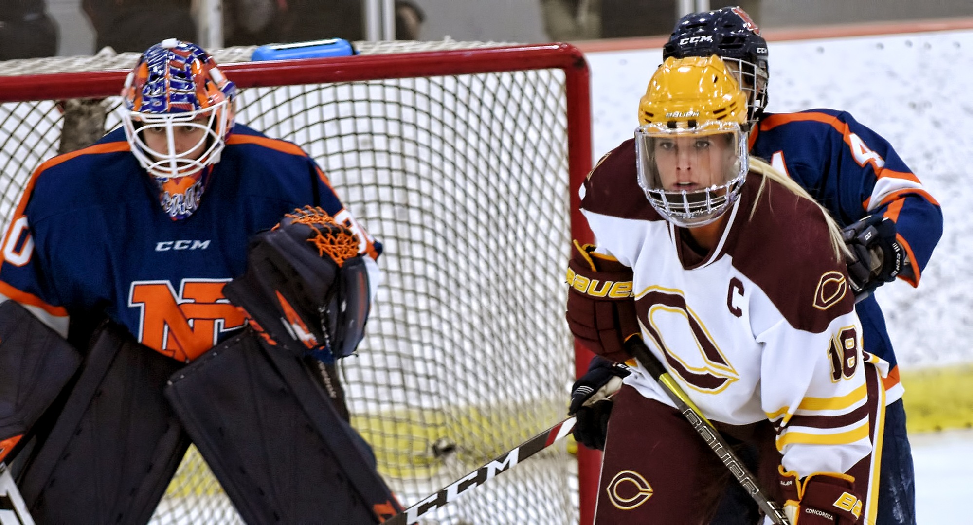 Senior captain Ally Wiitala camps in front of the Northland goal during the first period of the Cobbers' OT win. Wiitala scored the game winner.