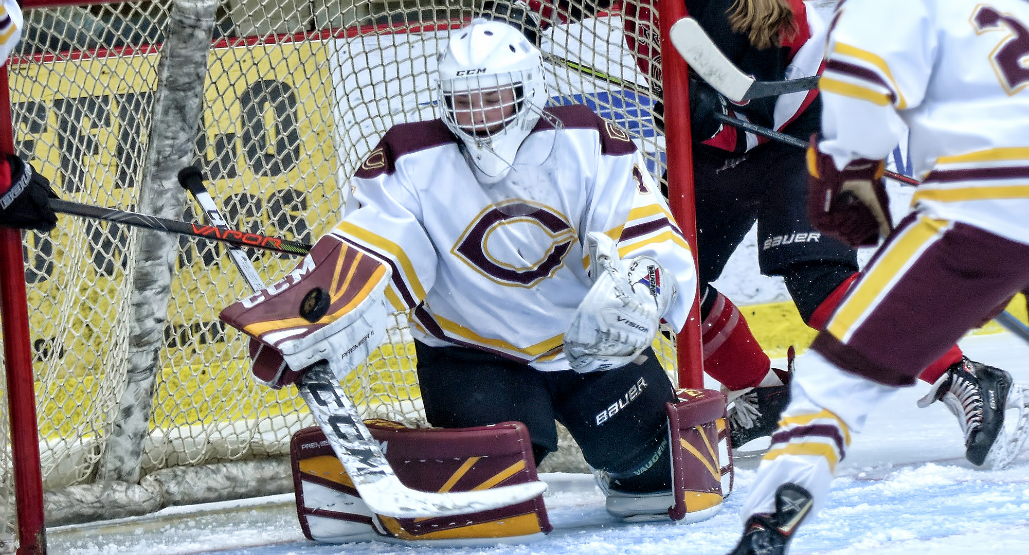 Freshman Kiana Flaig gets ready to make one of her 42 saves in the Cobbers' game with No.7-ranked Wis.-River Falls.
