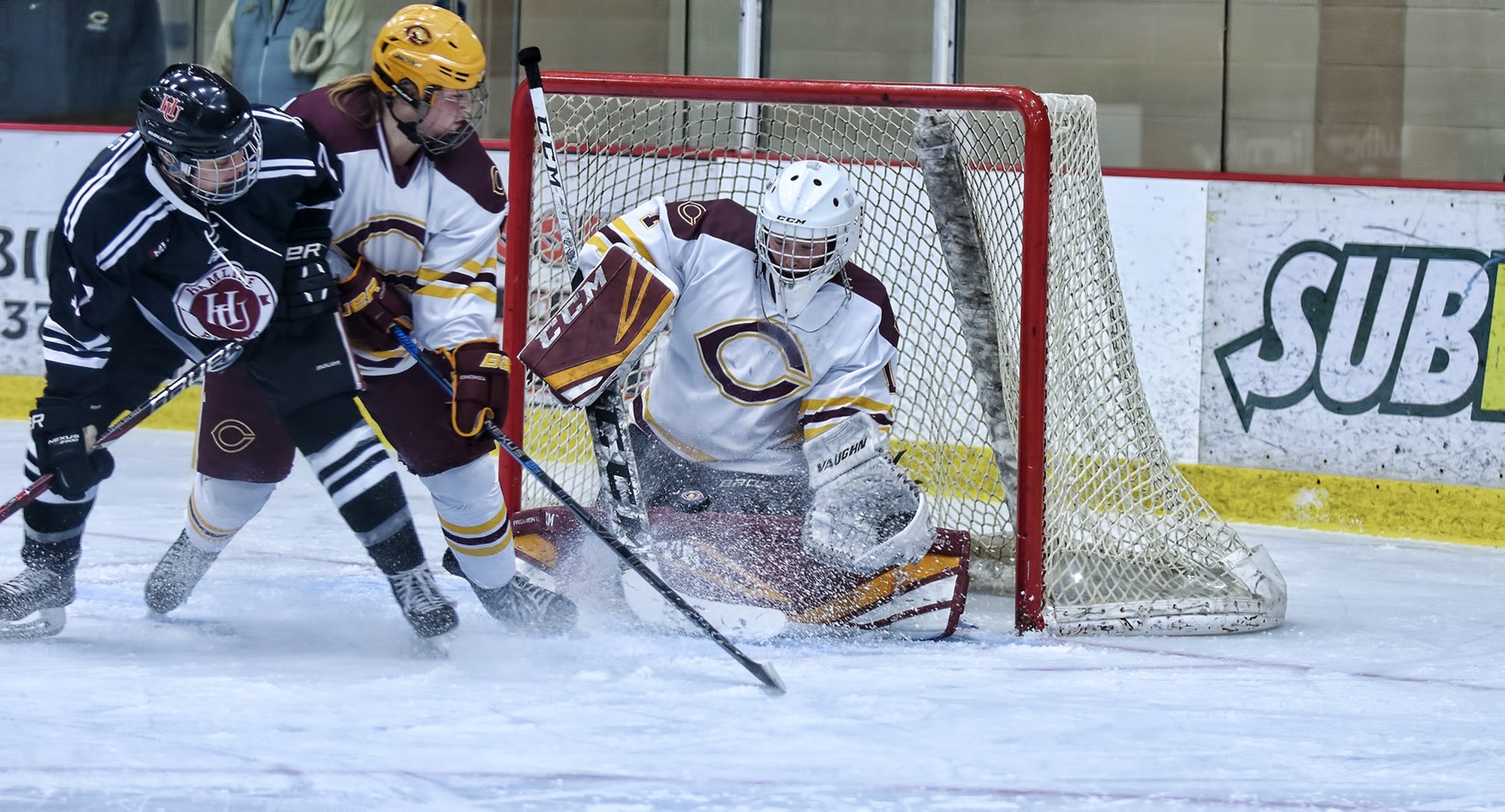 Freshman Kiana Flaig makes a save in the second period of the Cobbers' game with #9 Hamline. Flaig stopped 80 shots in the 2-game series.