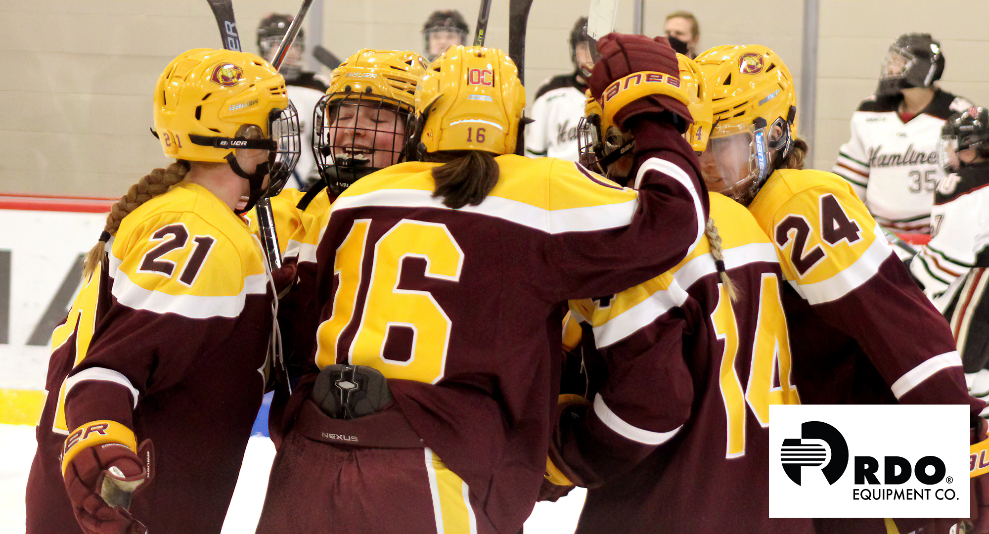 Cobbers surround Callie Fagerstrom (#14) as they celebrate the opening goal in their 3-1 win at Hamline. Concordia remains unbeaten at 1-0-1 on the year. (Picture courtesy of Hamline SID)