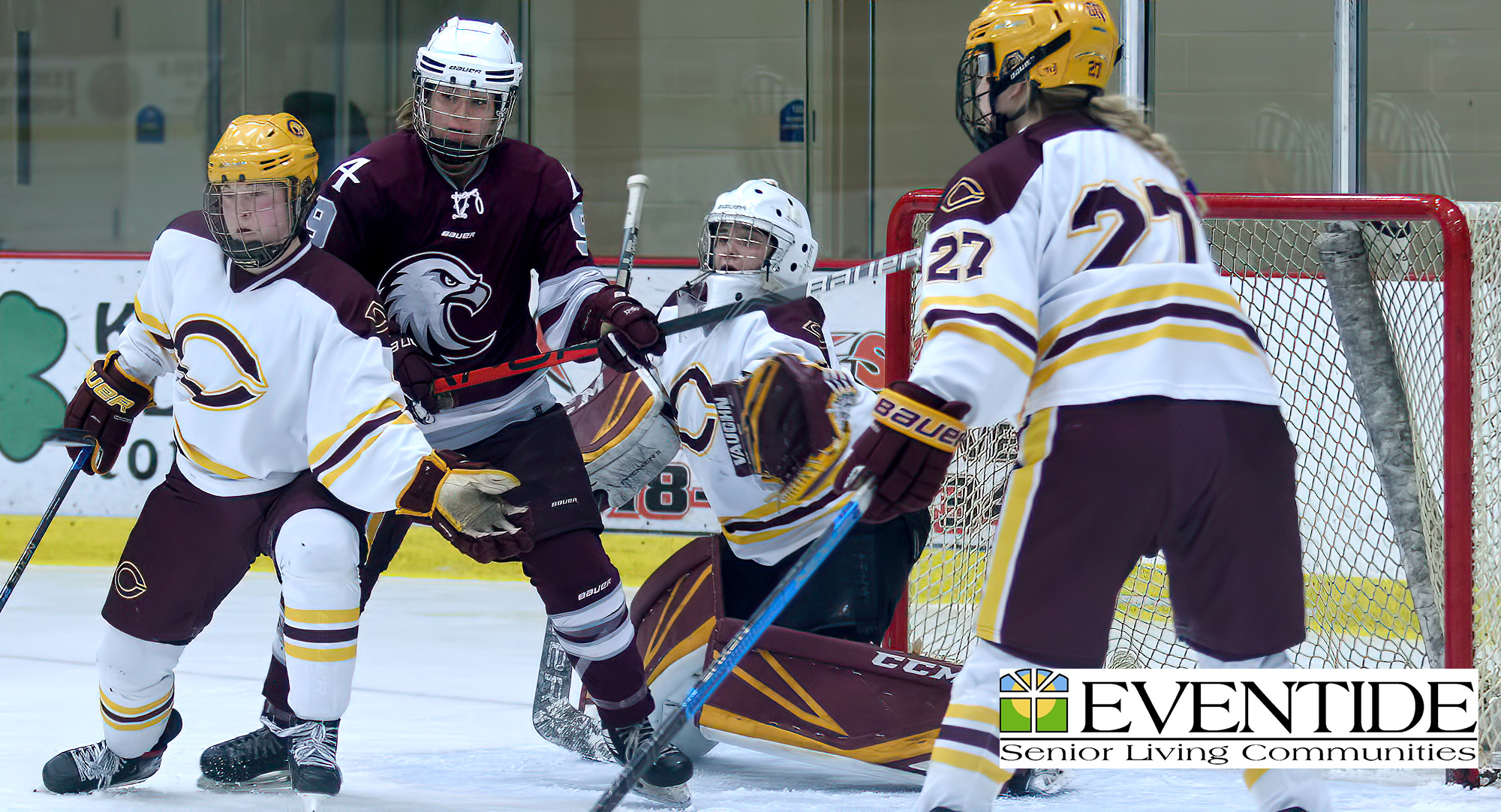 Sophomore goalie Kiana Flaig gets ready to make one of her 25 saves against Augsburg in the second period on Saturday.