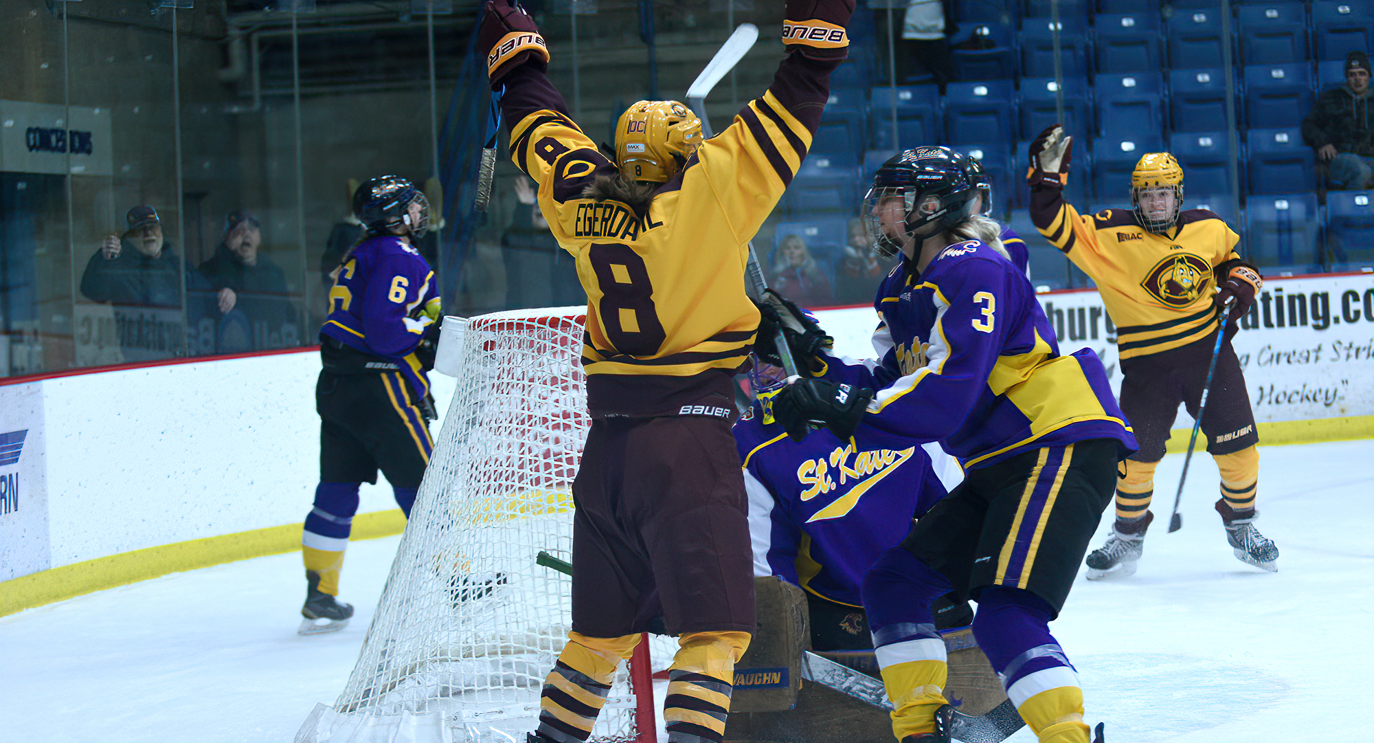 Jordie Egerdahl celebrates her game-winning goal late in the third period in the Cobbers' 1-0 win over St. Kate's in the MIAC playoffs.