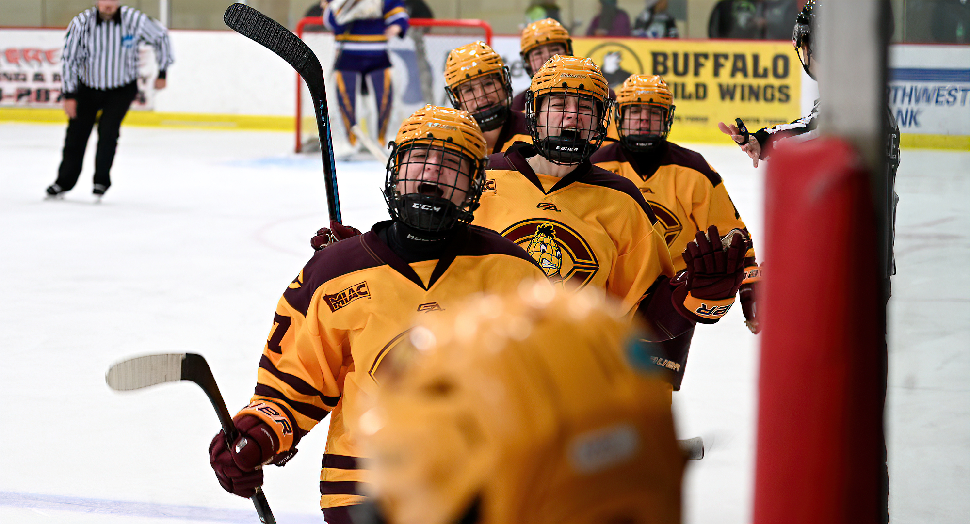 Abbey Reule (#7) leads the celly line after scoring her first collegiate goal in the Cobbers' series finale with St. Catherine.