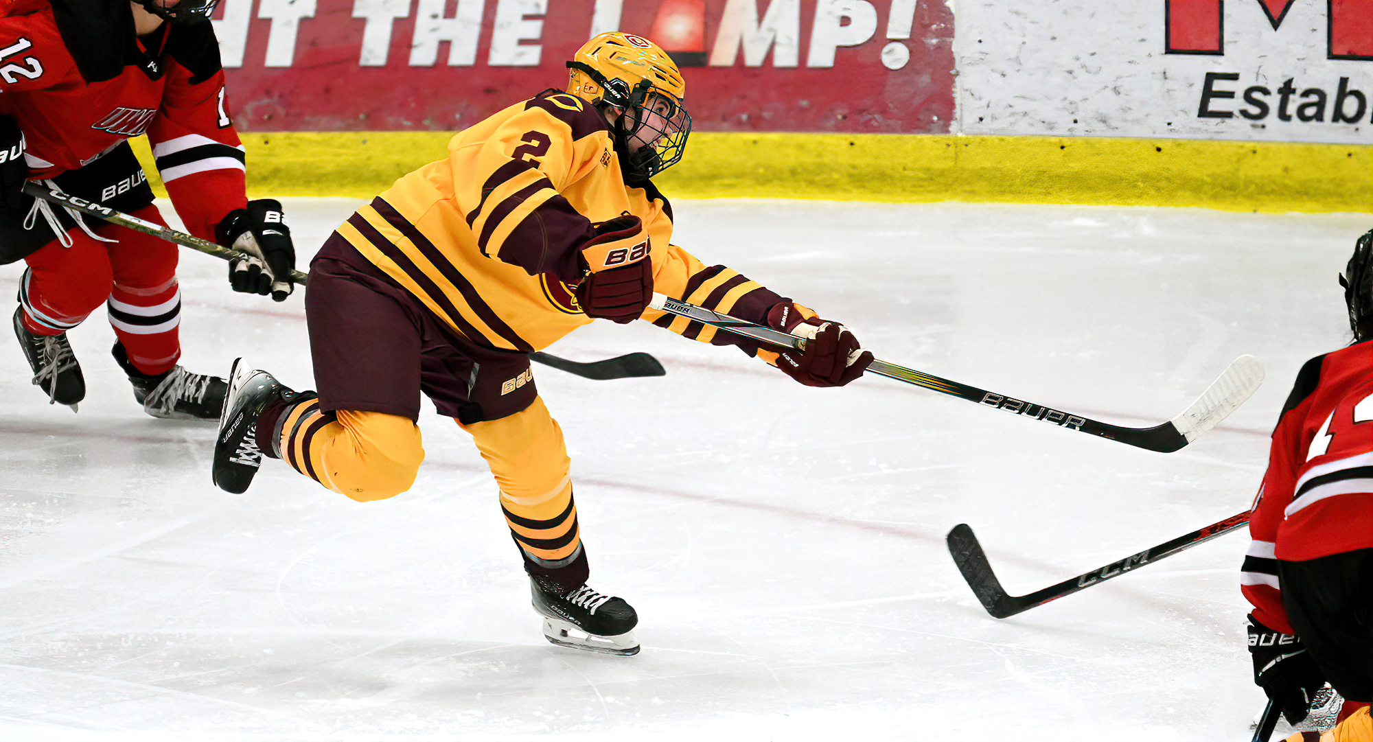 First-year forward Madilyn Skogman fires a shot on goal in the Cobbers' game with #2 Wis.-River Falls. She scored the team's lone goal.