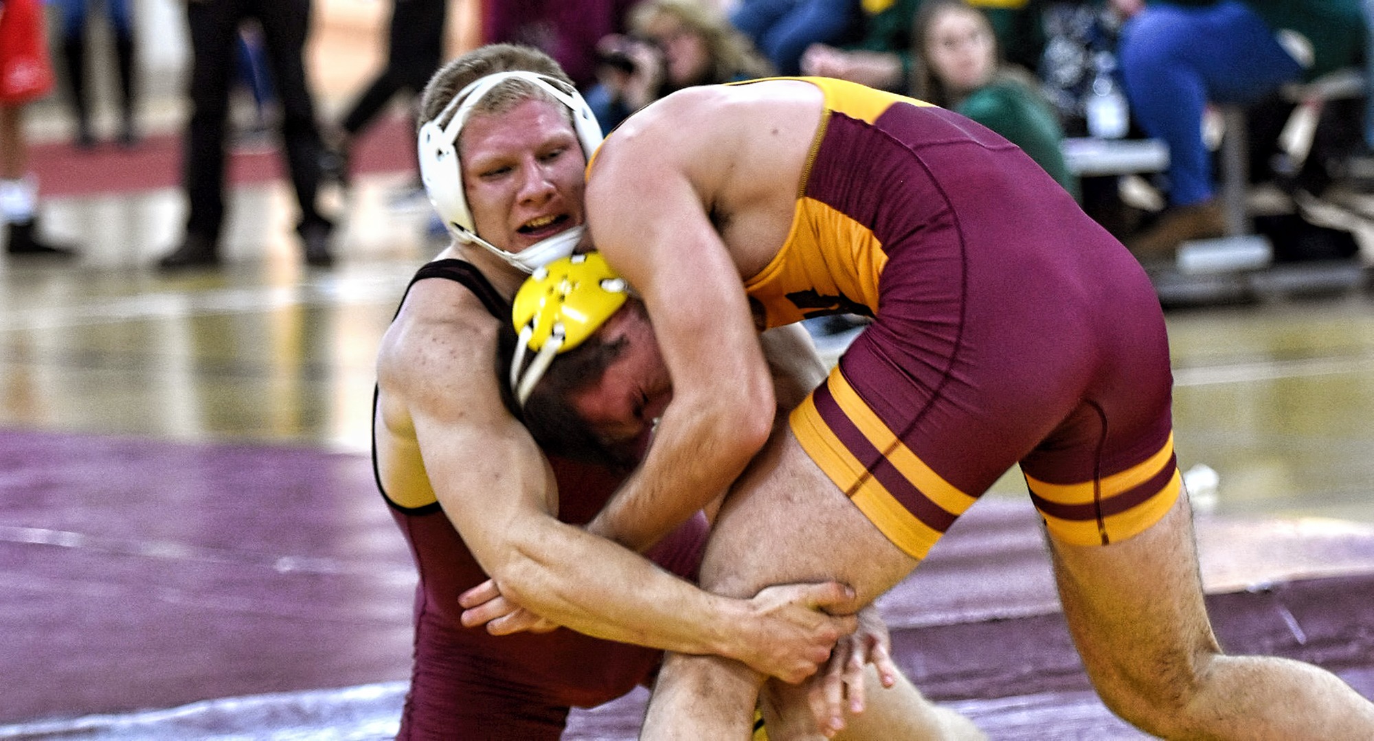 Freshman Gabe Zierden tries for the single leg takedown during his semifinal match at 197. He finished fourth in his first collegiate invite.