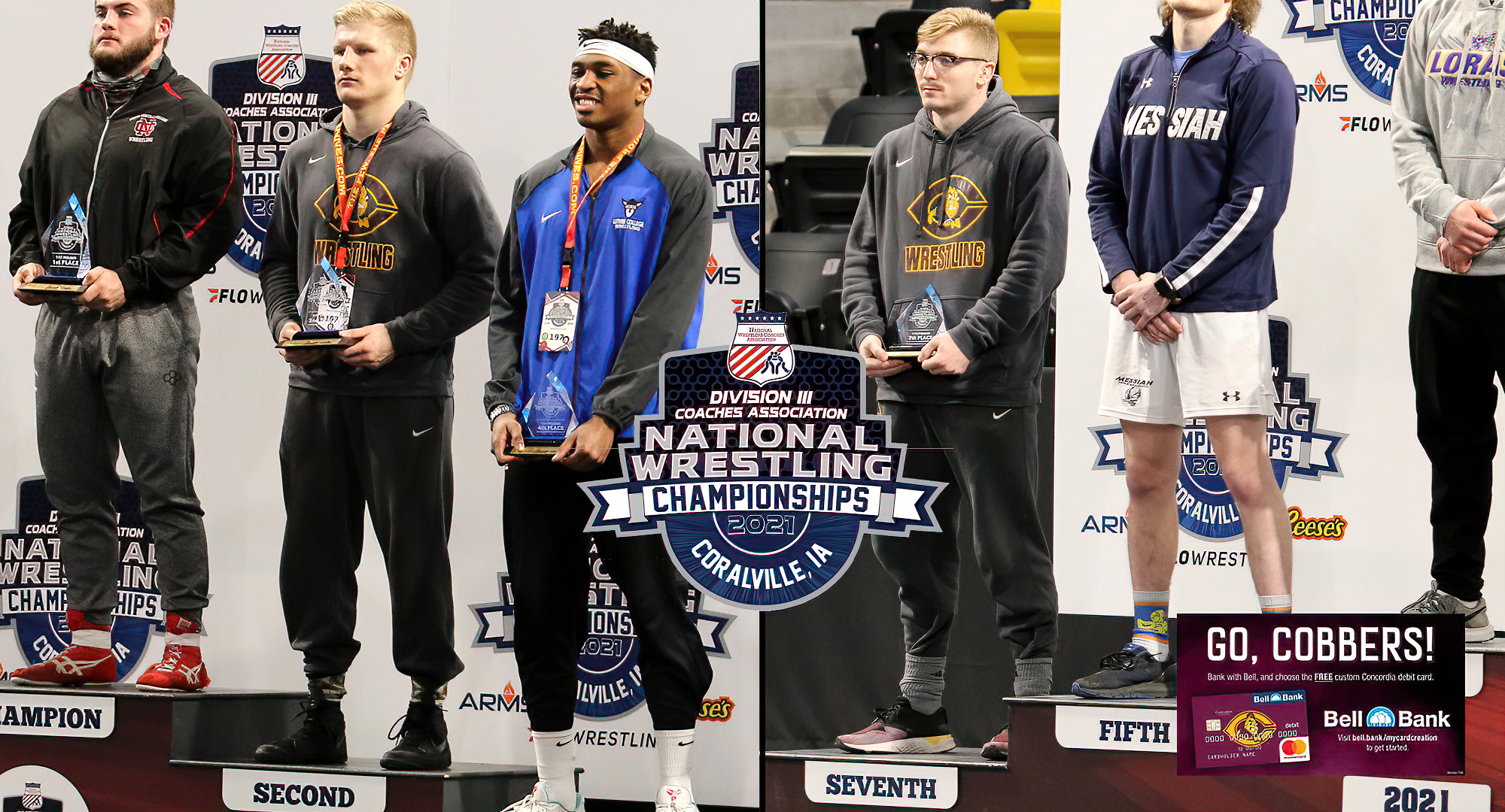 Gabe Zierden (L) and Alex Skaare became the first Cobber All-Americans as they finished in the Top 8 at the NWCA DIII National Meet. (Pics courtesy of Don Stoner, Augsburg SID).