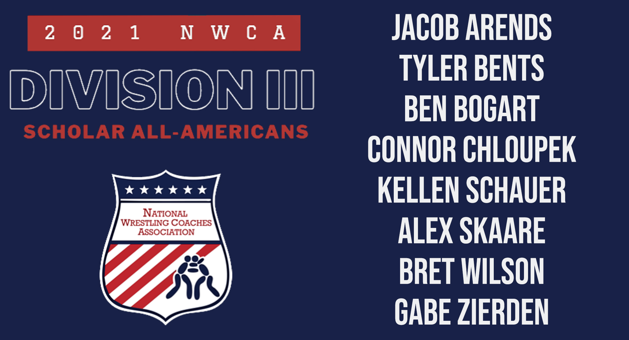 Concordia had eight individuals earn NWCA Scholar All-American honors. Jacob Arends, Tyler Bents, Benjamin Bogart, Connor Chloupek, Kellen Schauer, Alex Skaare, Bret Wilson and Gabe Zierden all received the academic honor handed out by the NWCA.