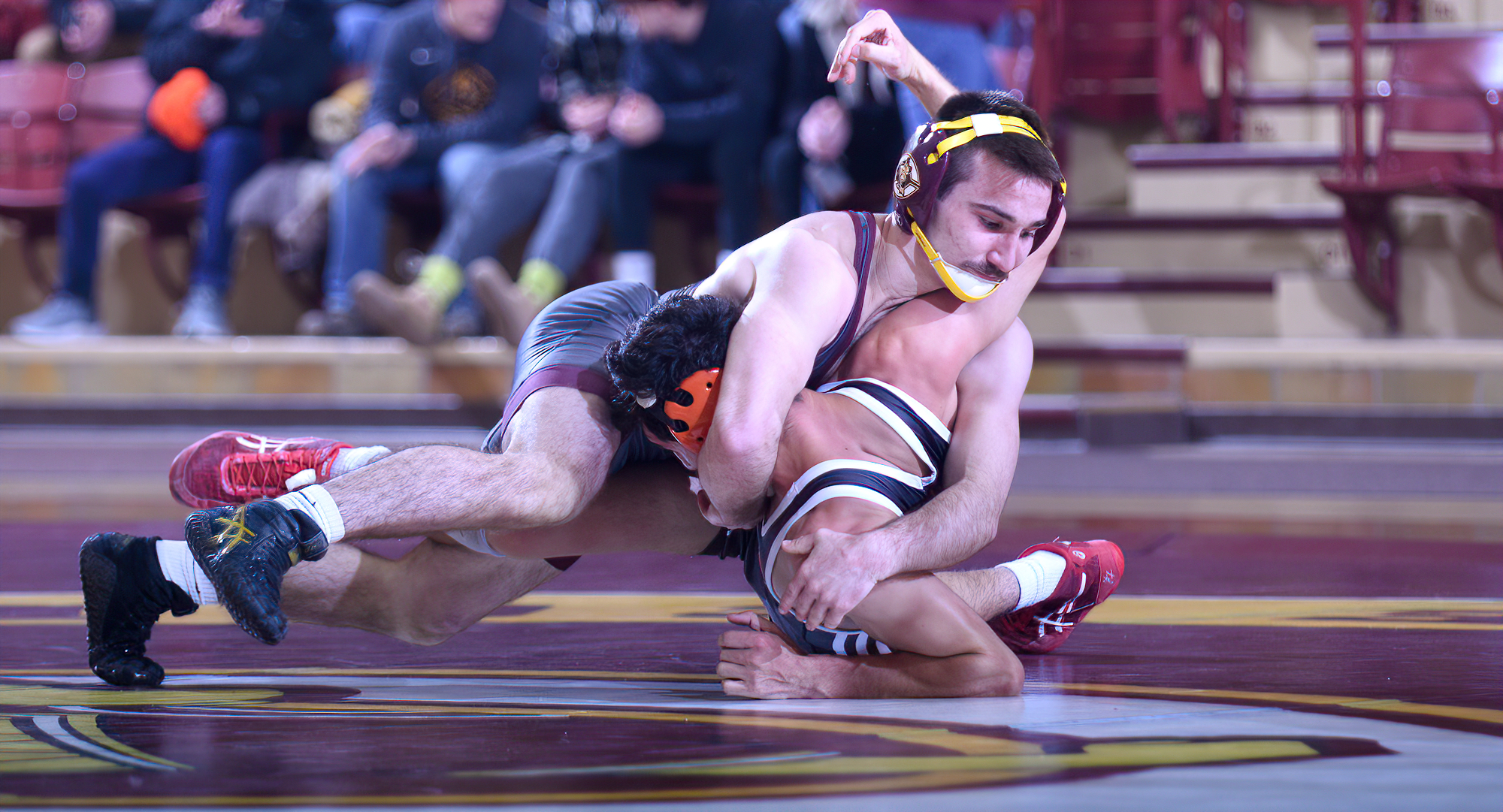 Senior Jake Nohre gets his opponent's shoulder turned on his way to a first-period pin during the Cobbers' 28-16 win over Jamestown.