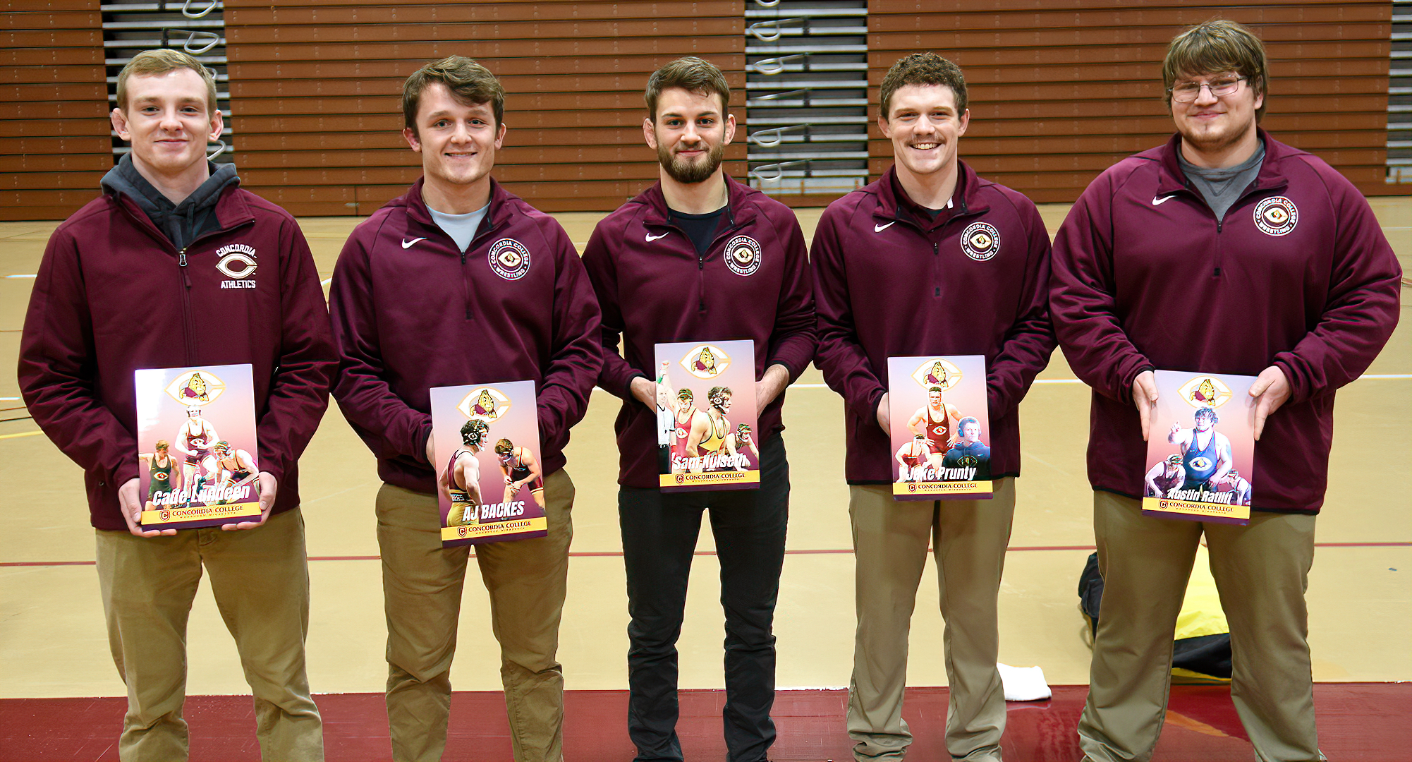 Seniors Cade Lundeen, AJ Backes, Sam Kulseth, Jacob Prunty and Austin Ratliff were all honored before the Cobbers' exhibition.
