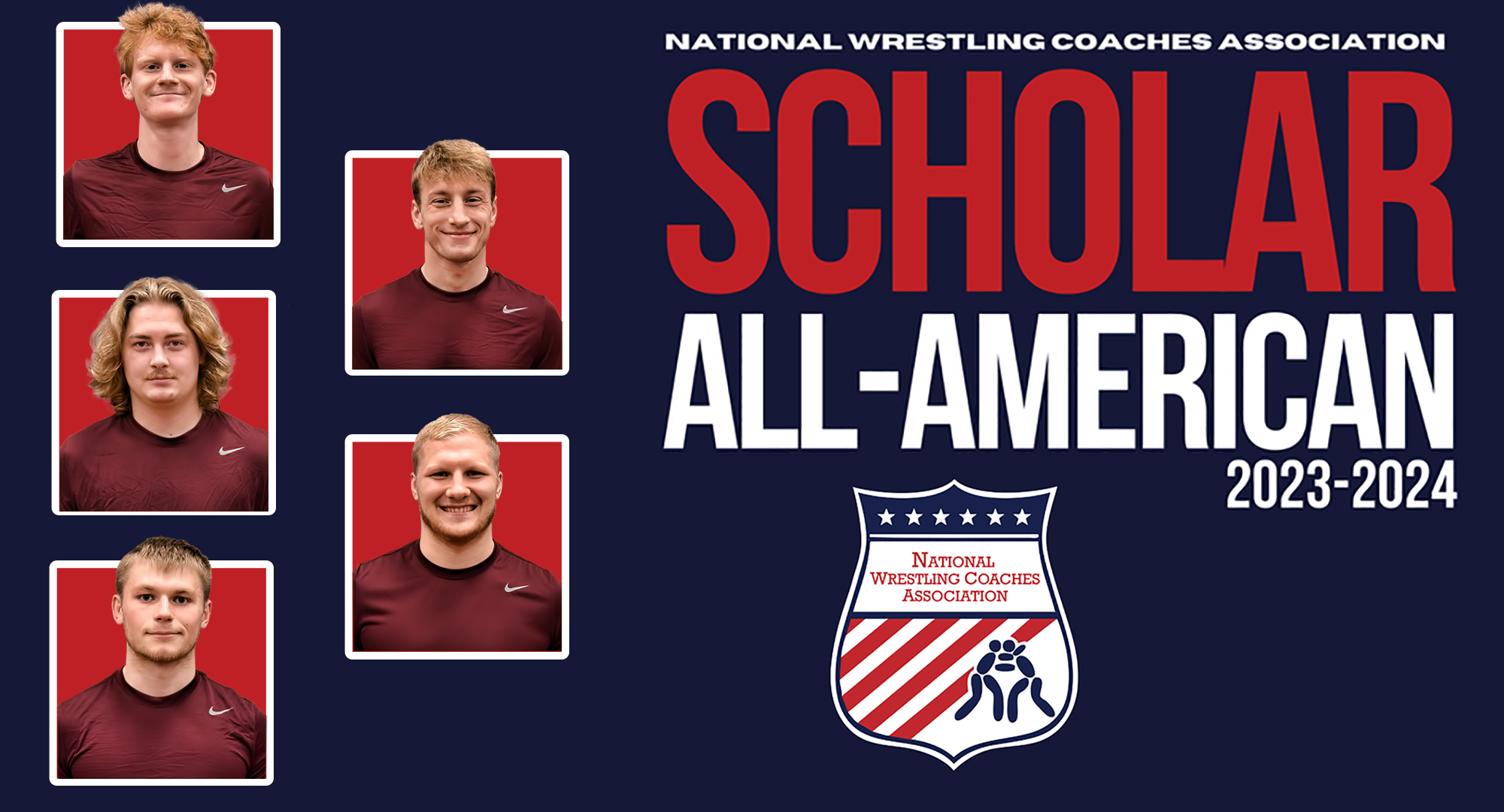 Ty Bisek (top left), Ayden Friese, Eli Hunt, Kellen Schauer and Gabe Zierden earned NWCA Scholar All-American honors.