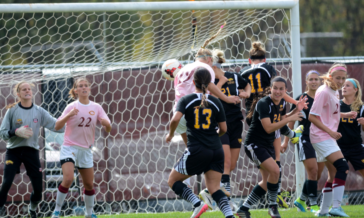 Sadie Hayes heads the ball into the goal for the first score in the Cobbers' 2-1 win over Wis.-Stevens Point.