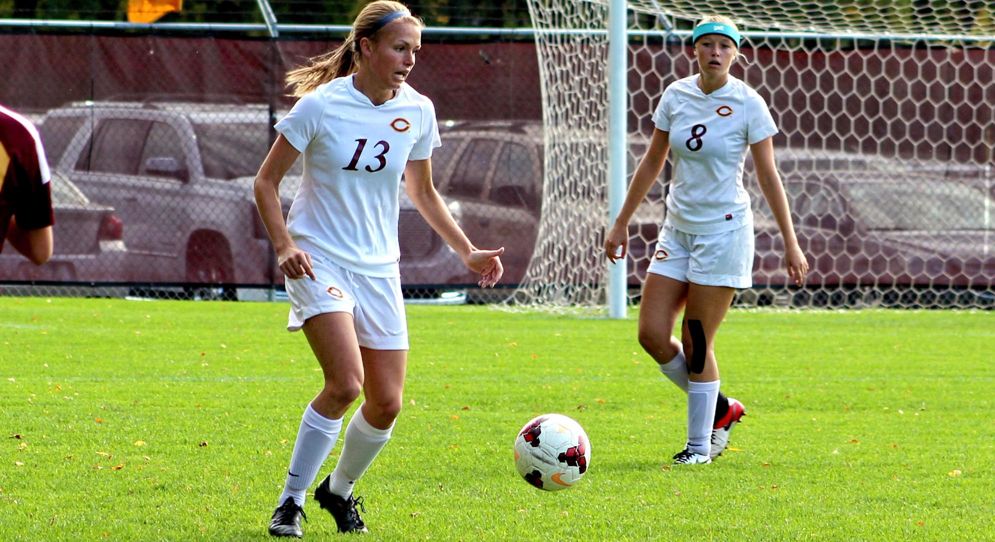 Senior defender Carly Mickelson scored her first collegiate goal in the Cobbers' 2-1 loss at St. Olaf.