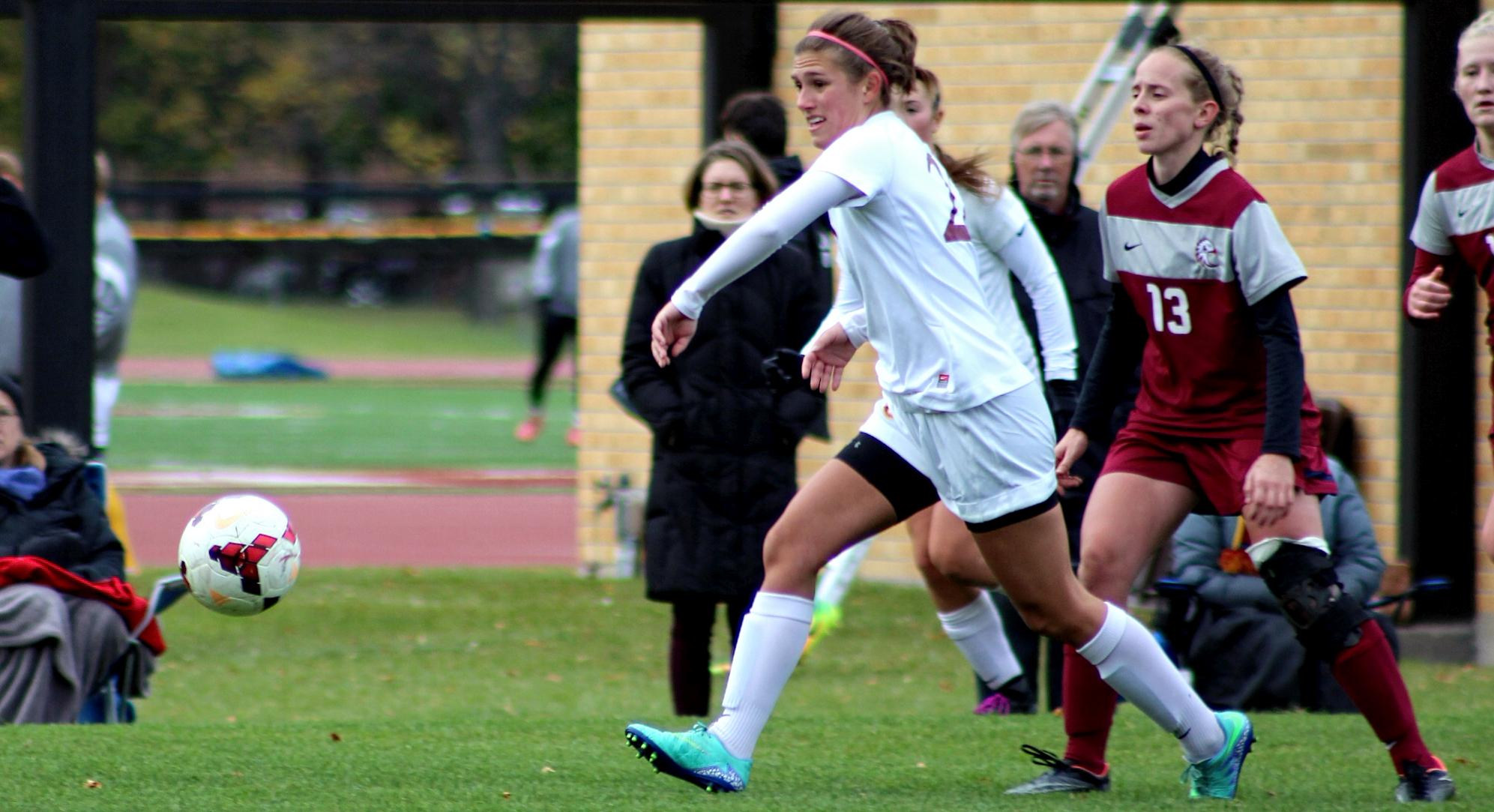Junior midfielder Alexandra Jones plays the ball forward during the second half of the Cobbers' game with Augsburg.