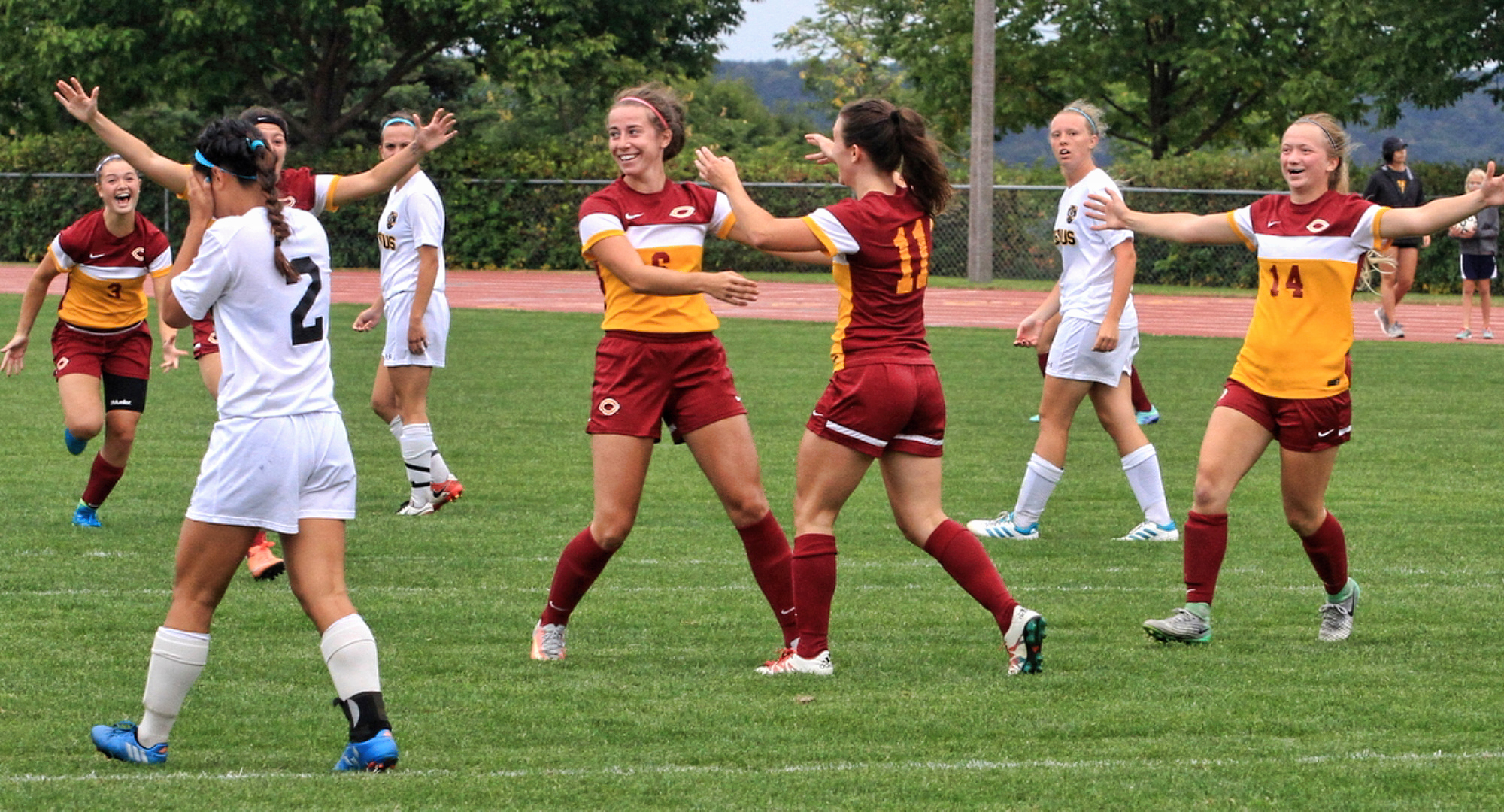 Concordia celebrates the early second-half goal by #11 Karsen Granning. (Photo courtesy of Todd Osmundson)