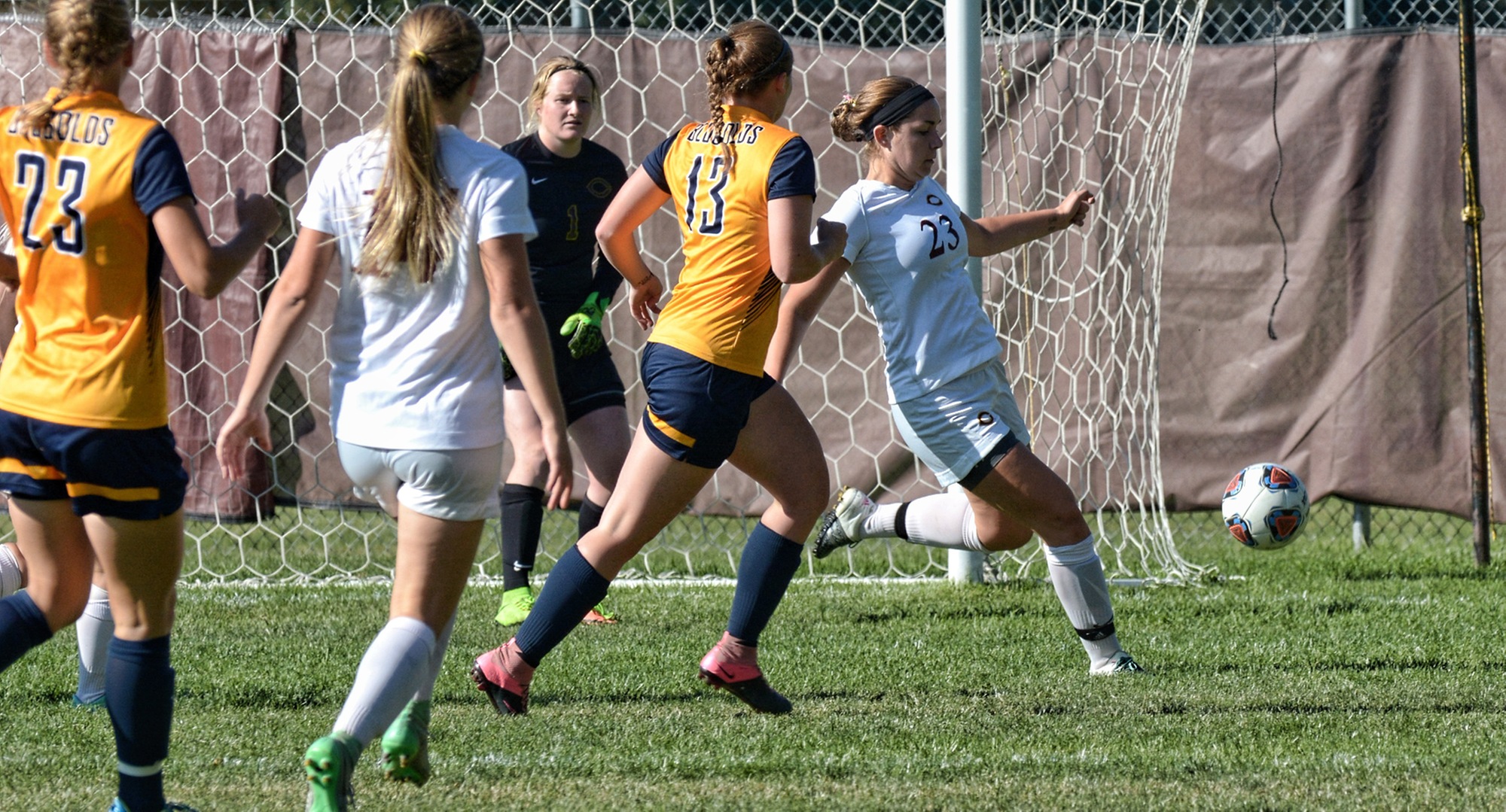 Junior Kirsten Bokinskie clears the ball away from the Cobber goal in Concordia's with Wis.-Eau Claire