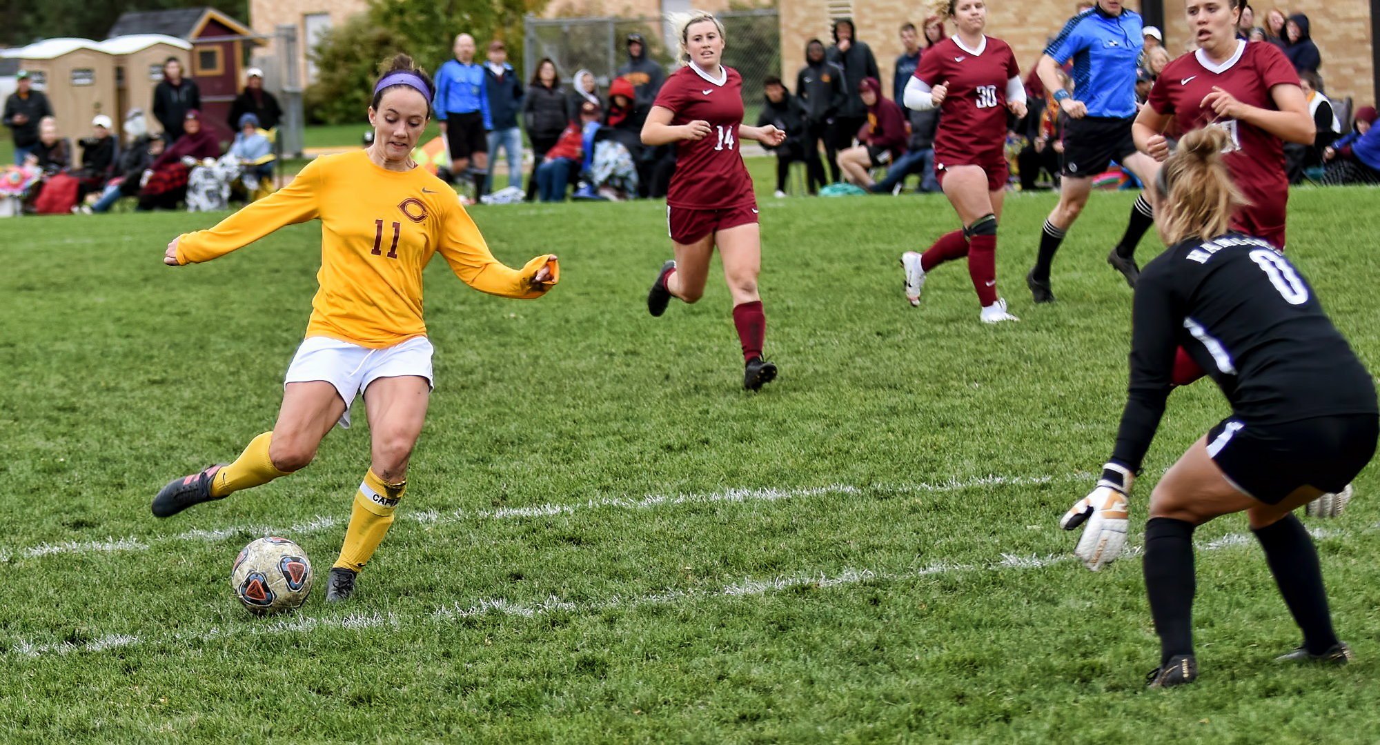 Senior Karsen Granning takes a shot on goal in the second half of the Cobbers' 2-1 win over Hamline. Garanning scored the game-winning goal in the final seven minutes of play.