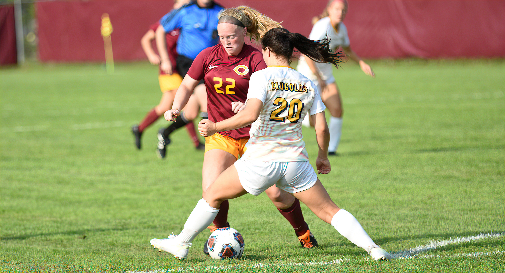 Senior Samantha Dalsin pulls away from a Wis.-Eau Claire defender before scoring the Cobbers' lone goal in their home opener.