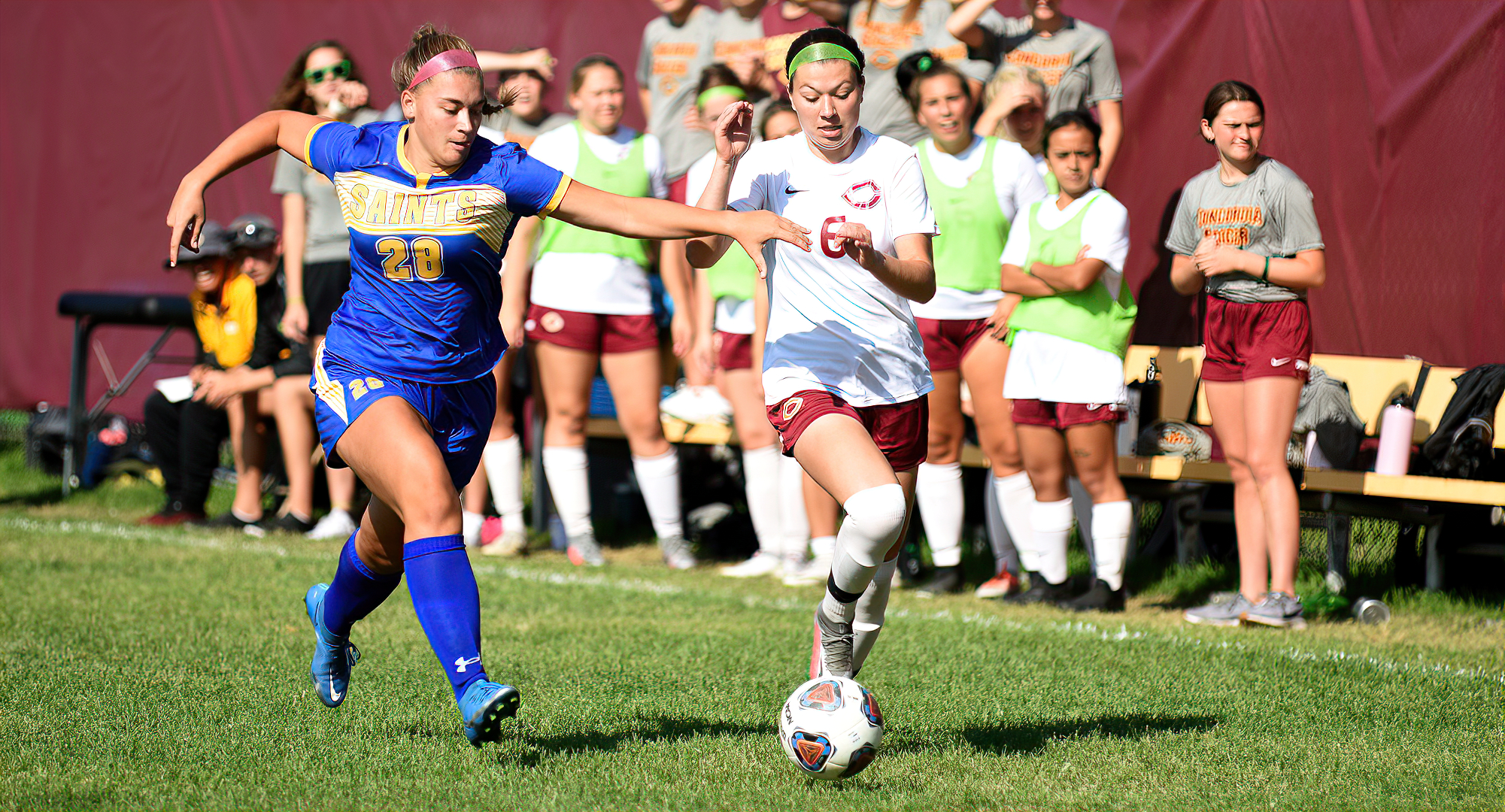 Sammy Holmberg races up the sideline in the first half of the Cobbers' game with St. Scholastica. She scored her team-leading fourth goal of the year.